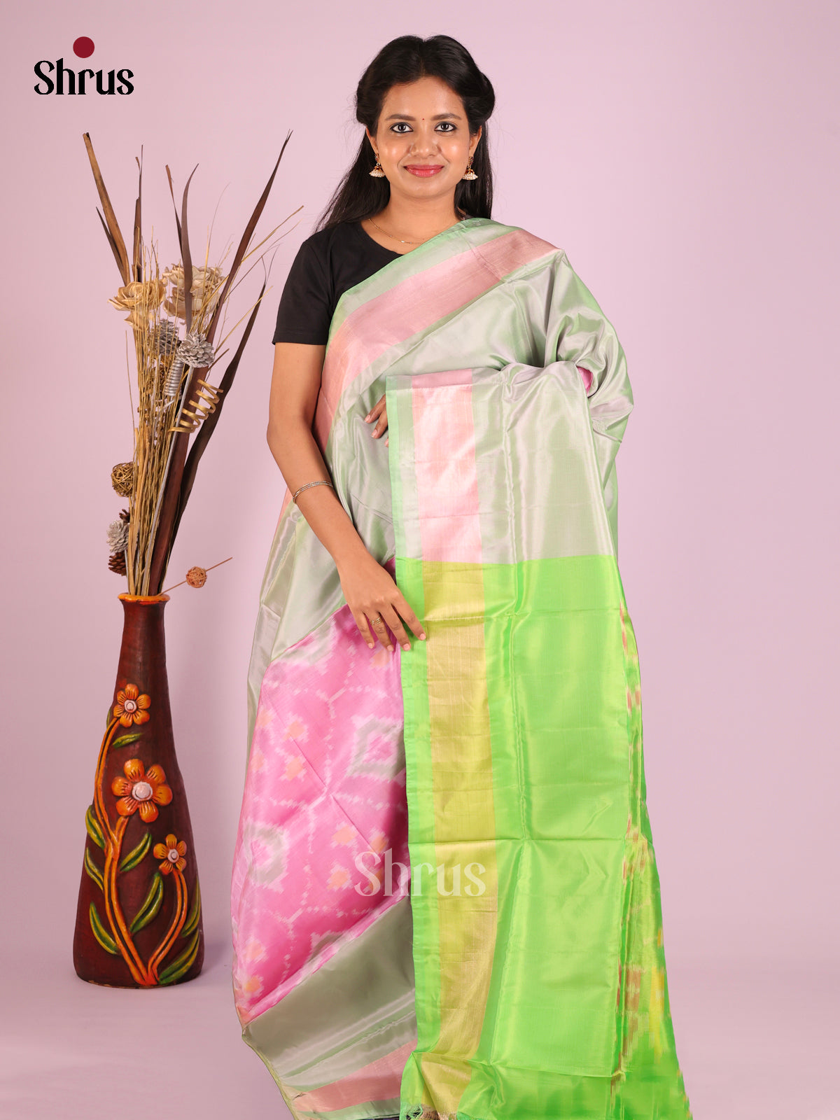Pink & Green - Semi uppada Saree - Shop on Shrus.com