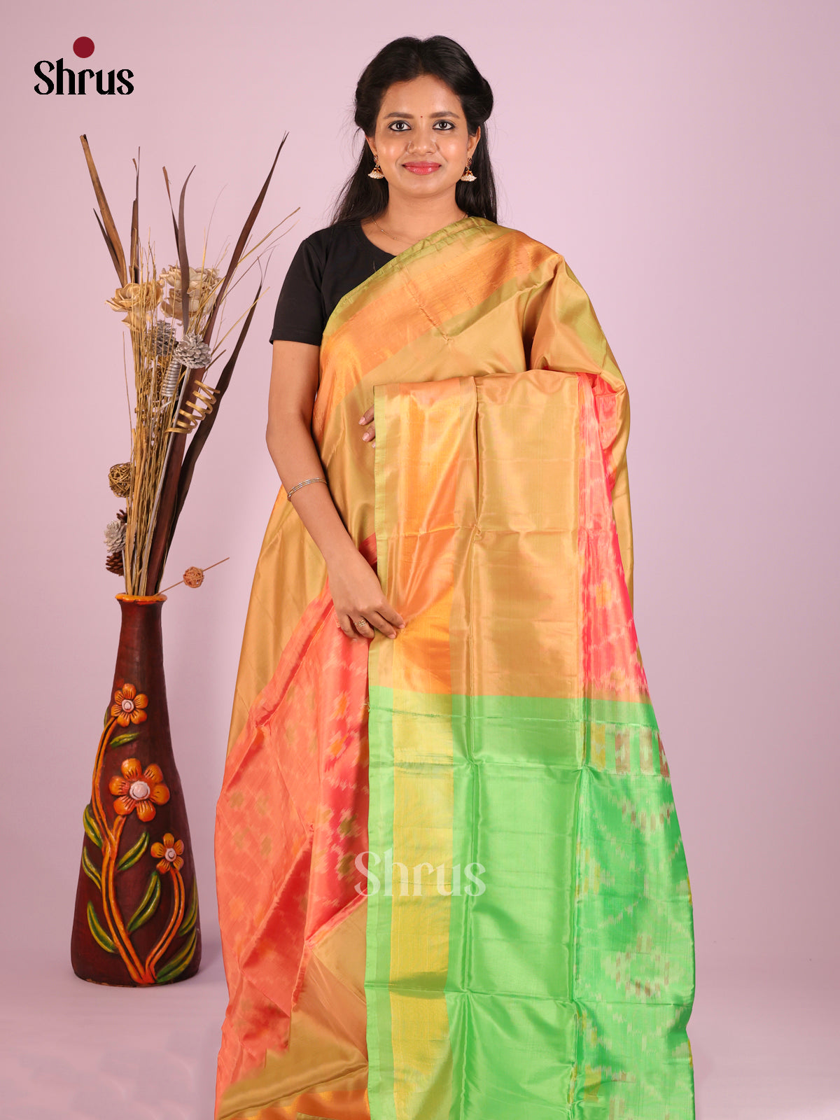 Orange & Green - Semi uppada Saree - Shop on Shrus.com