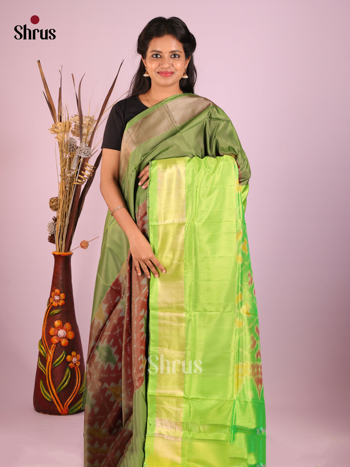 Brown & Green - Semi uppada Saree