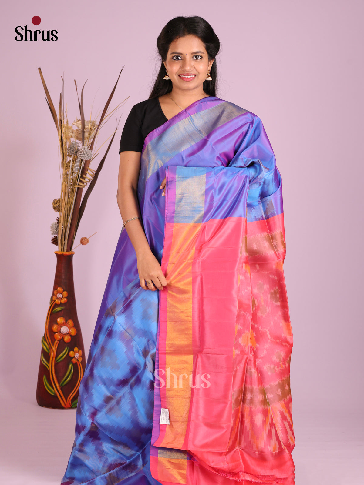 Blue & Orangish Pink - Semi uppada Saree