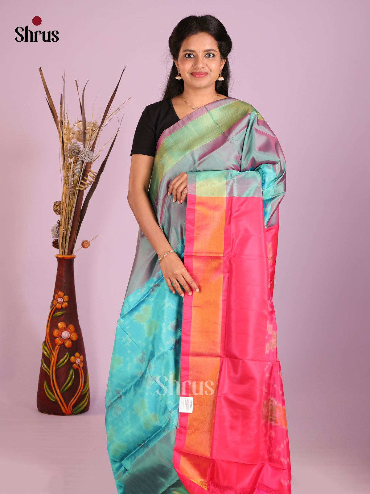 Sky Blue & Pink - Semi uppada Saree - Shop on Shrus.com