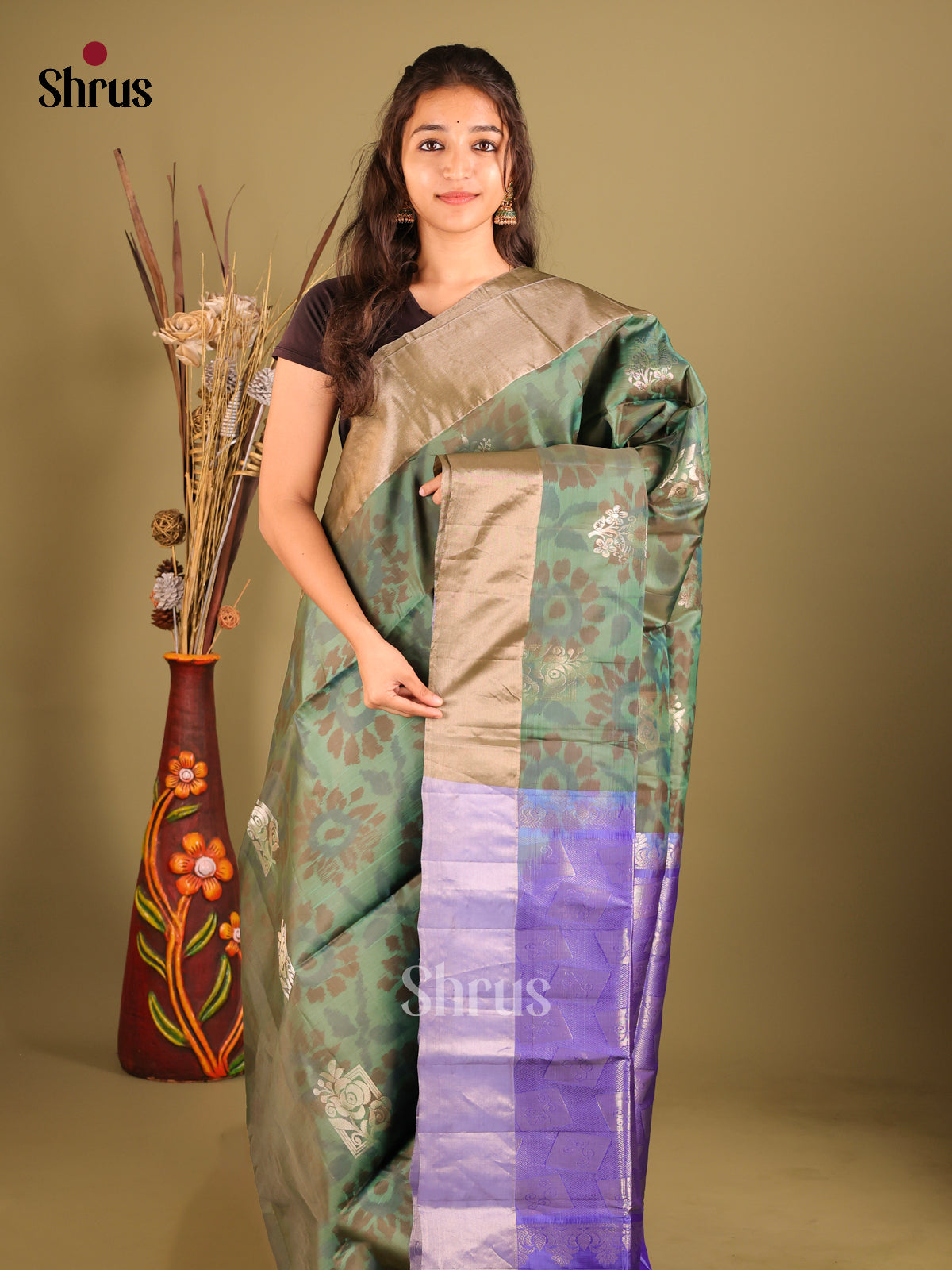 Green & Blue- Softsilk-halfpure Saree - Shop on Shrus.com