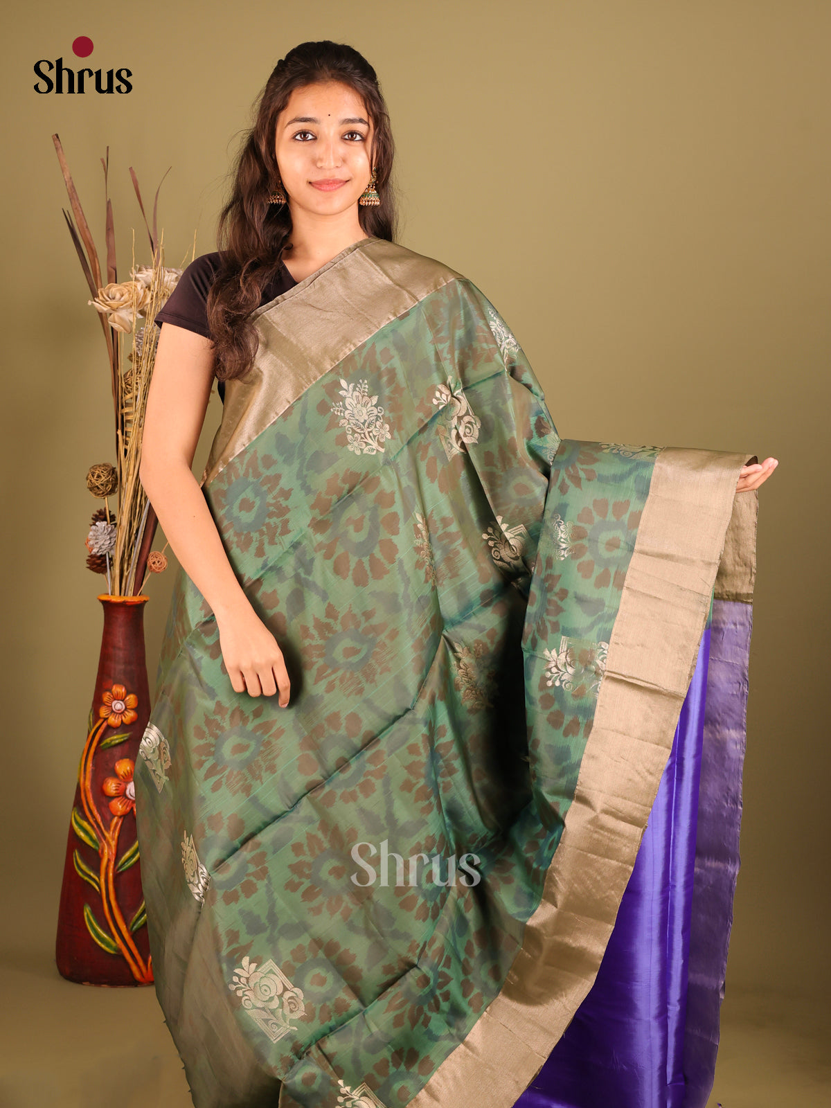 Green & Blue- Softsilk-halfpure Saree - Shop on Shrus.com