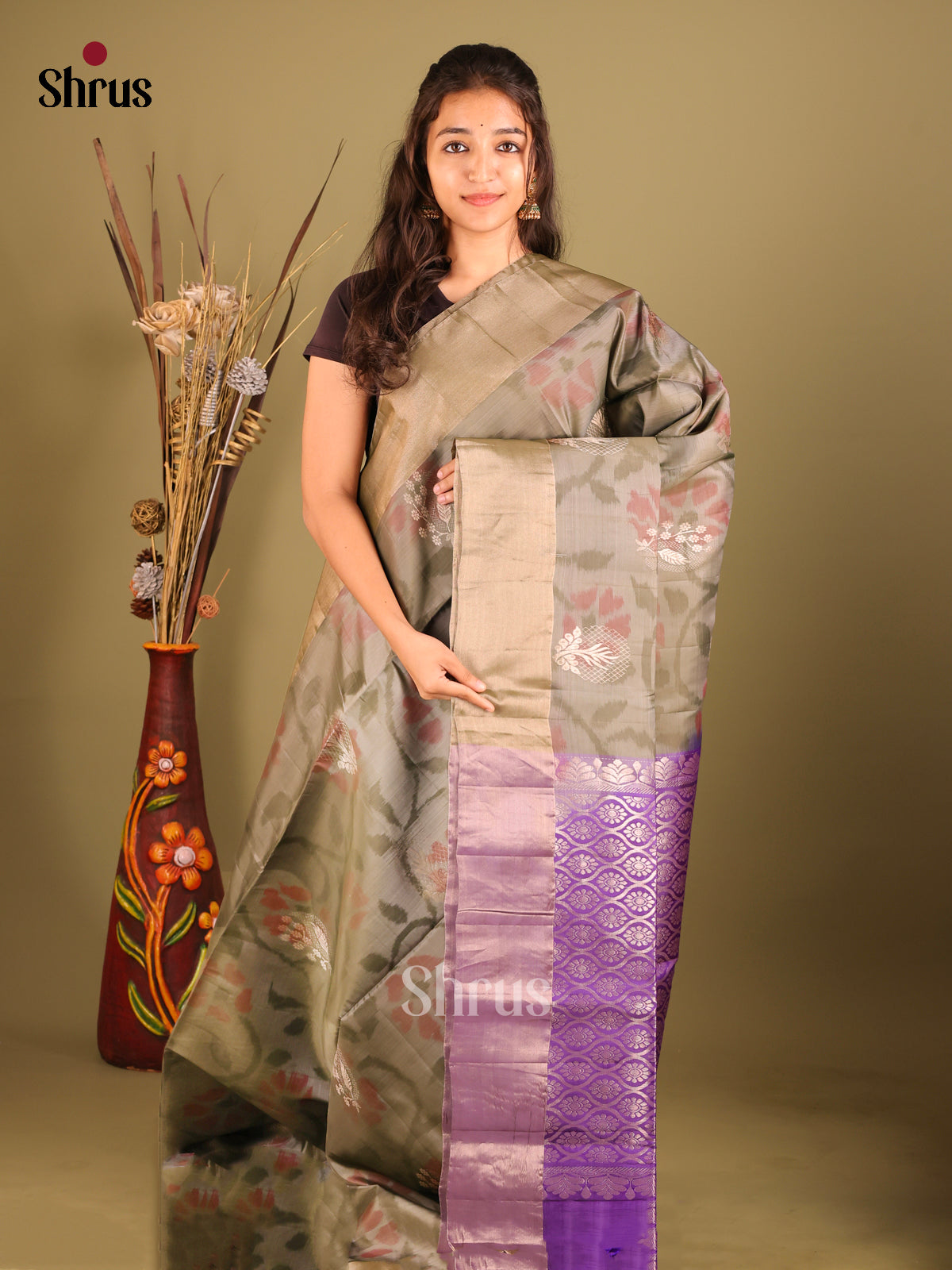 Grey & Purple - Softsilk-halfpure Saree - Shop on Shrus.com