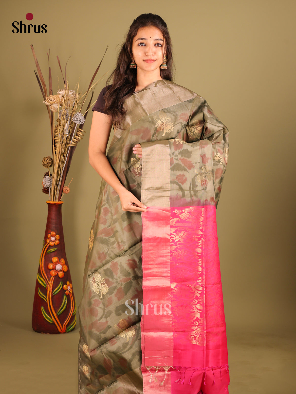 Grey Green & Pink - Softsilk-halfpure Saree - Shop on Shrus.com
