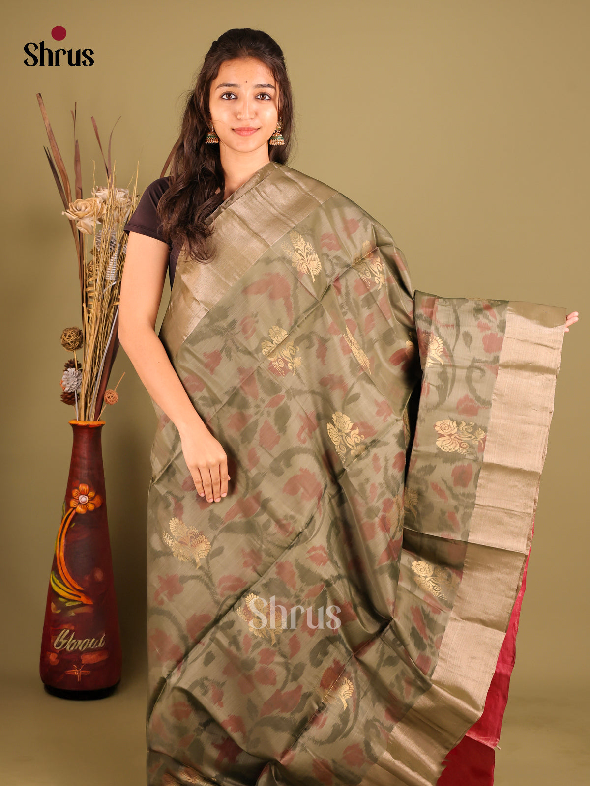 Grey Green & Pink - Softsilk-halfpure Saree - Shop on Shrus.com