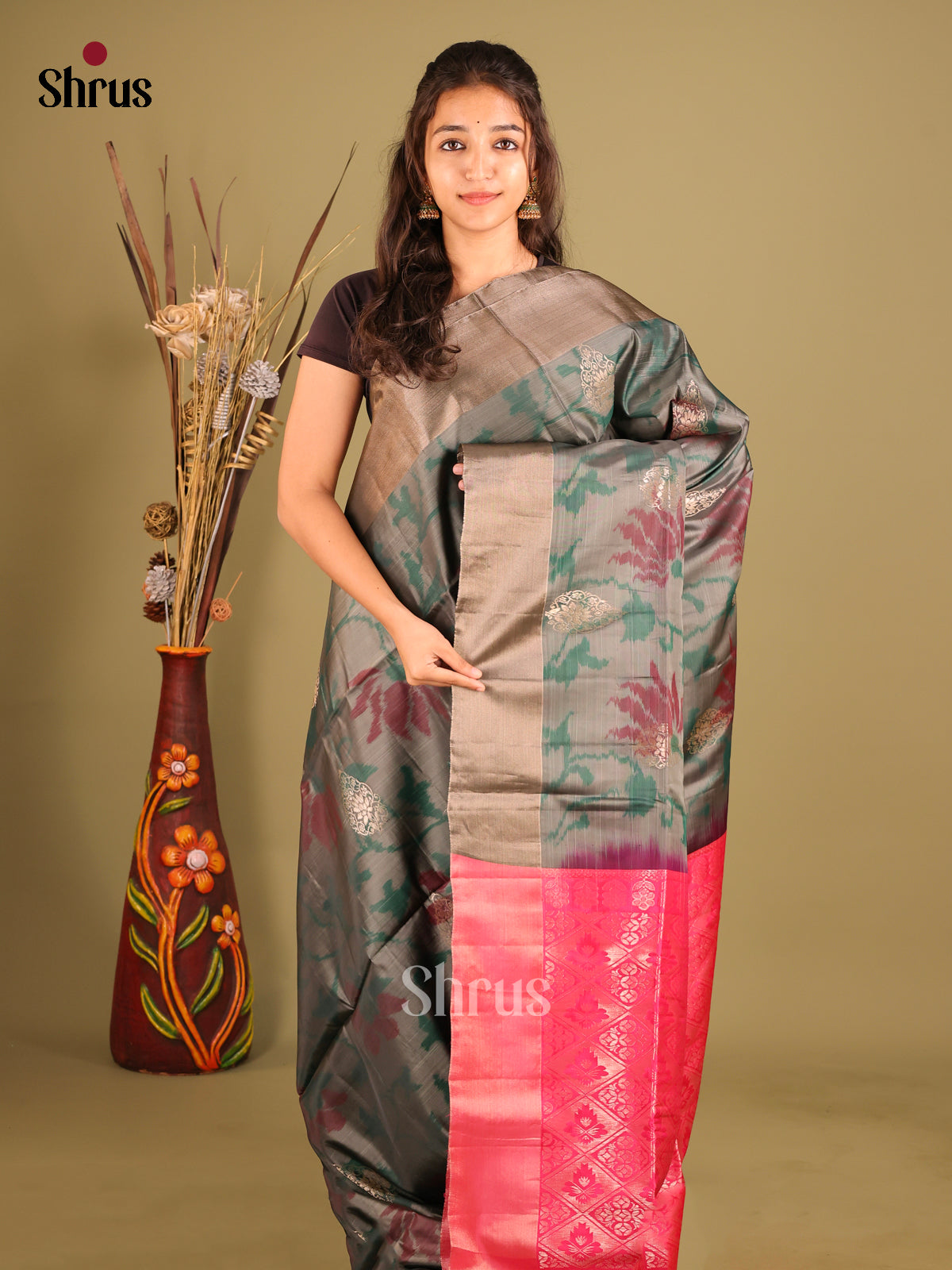 Grey & Pink - Softsilk-halfpure Saree - Shop on Shrus.com