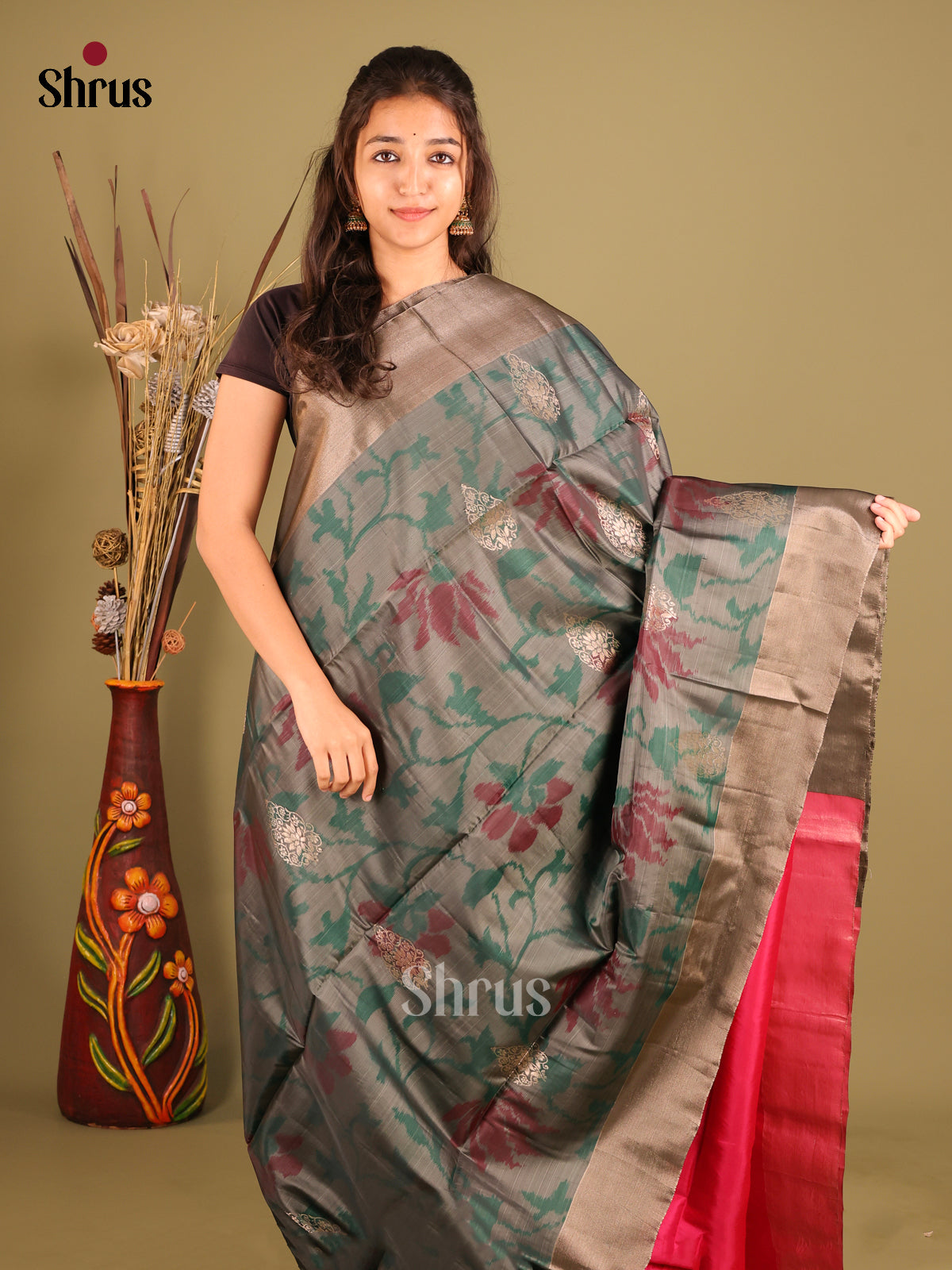 Grey & Pink - Softsilk-halfpure Saree - Shop on Shrus.com