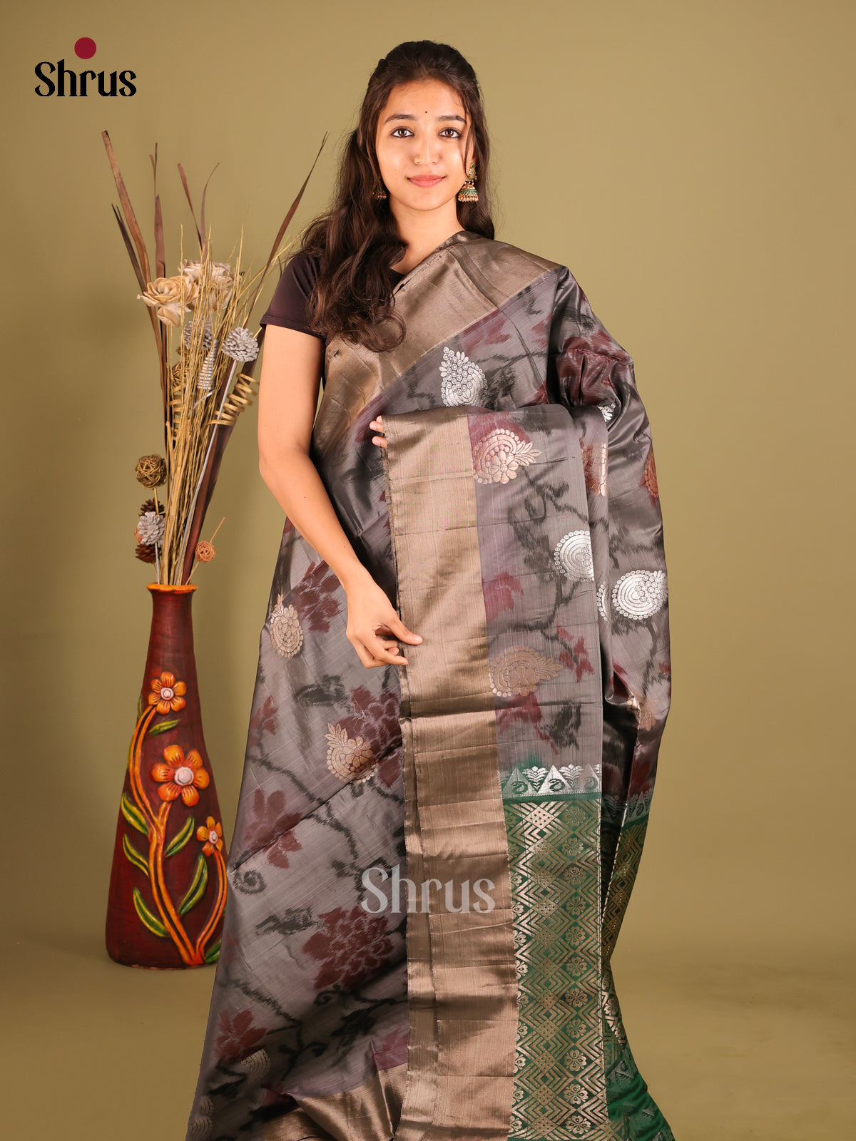 Grey & Green- Softsilk-halfpure Saree - Shop on Shrus.com