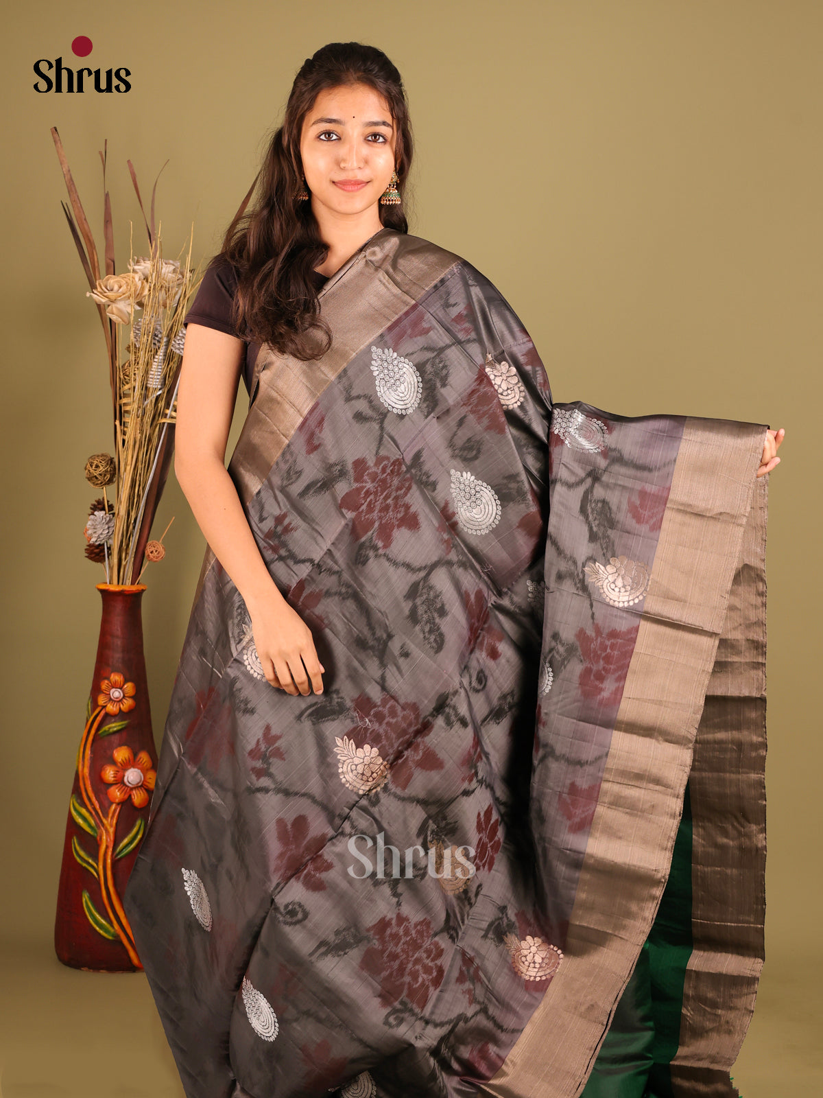 Grey & Green- Softsilk-halfpure Saree - Shop on Shrus.com