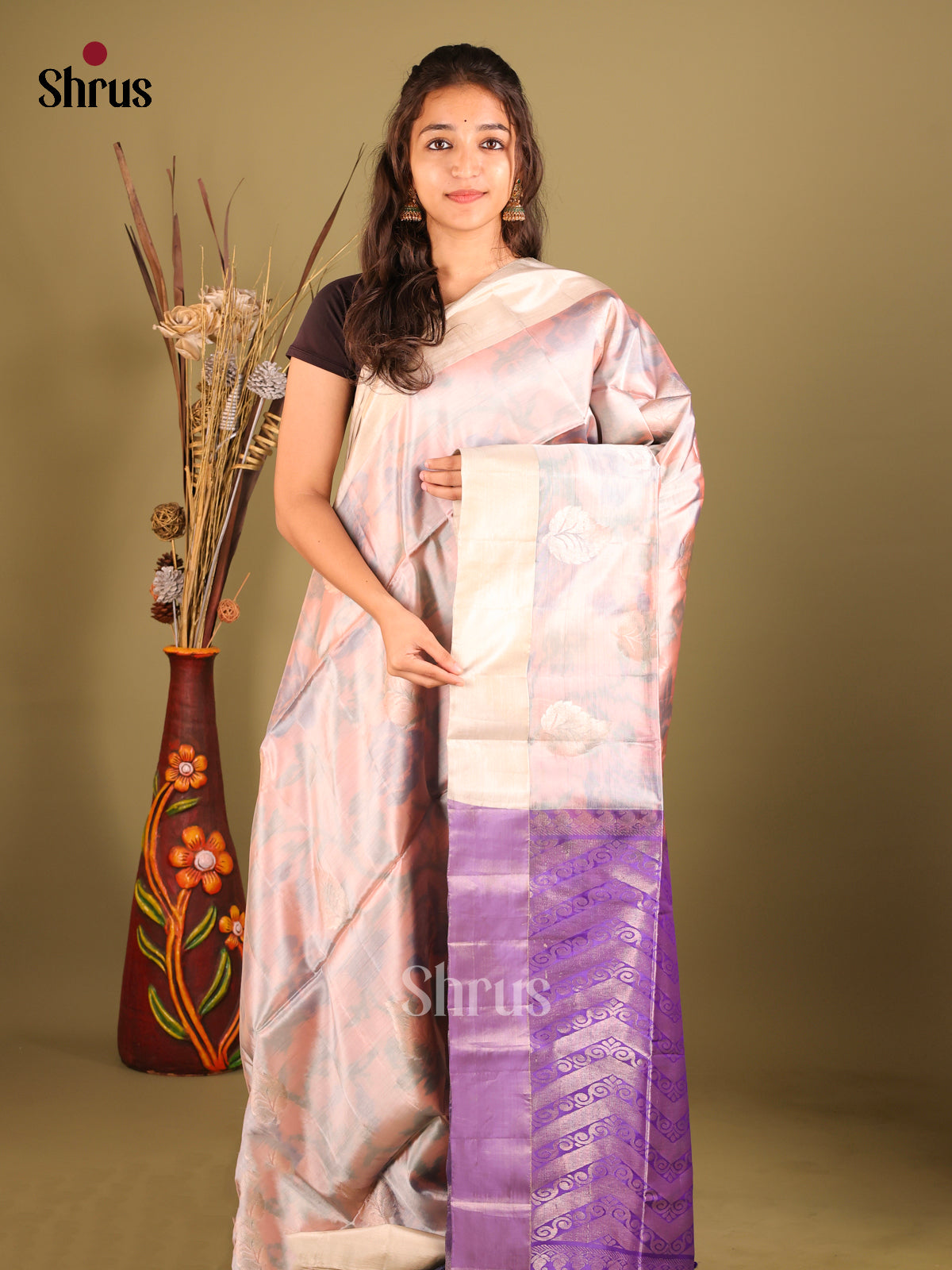 Cream & Purple- Softsilk-halfpure Saree - Shop on Shrus.com