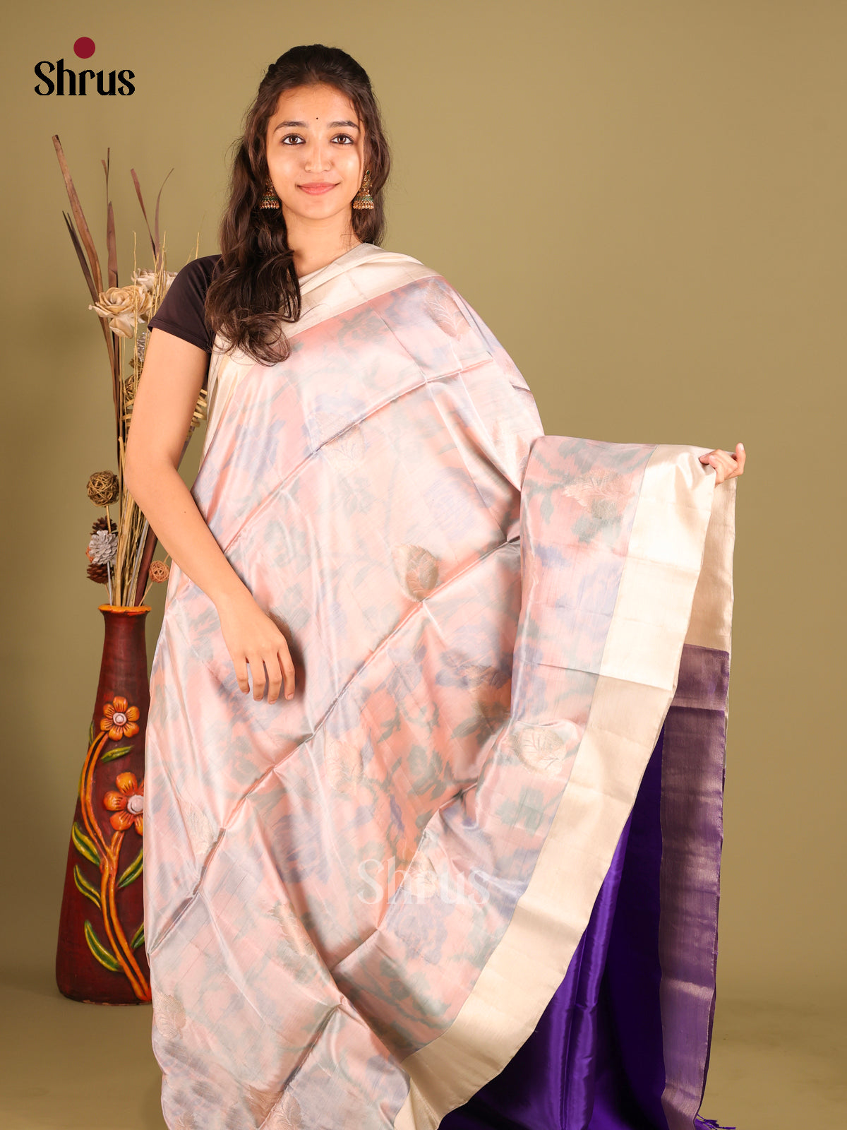 Cream & Purple- Softsilk-halfpure Saree - Shop on Shrus.com