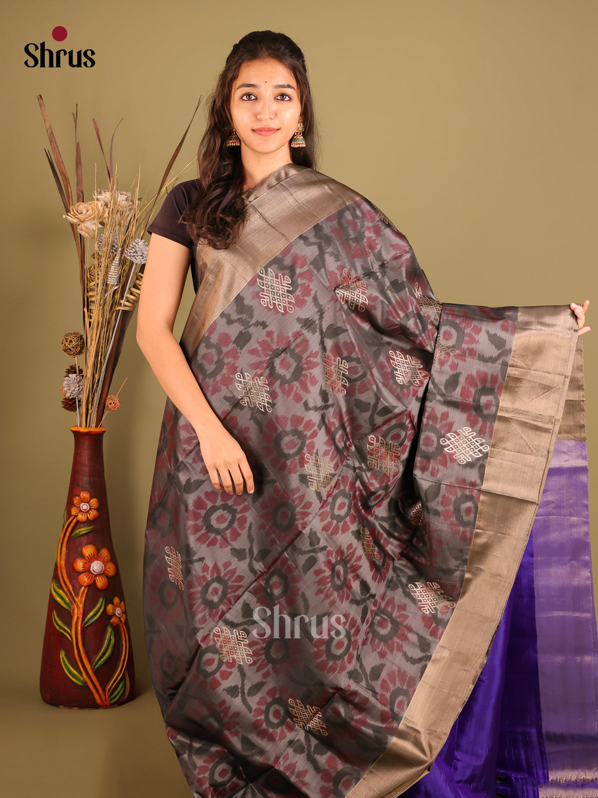 Grey & Blue- Softsilk-halfpure Saree - Shop on Shrus.com
