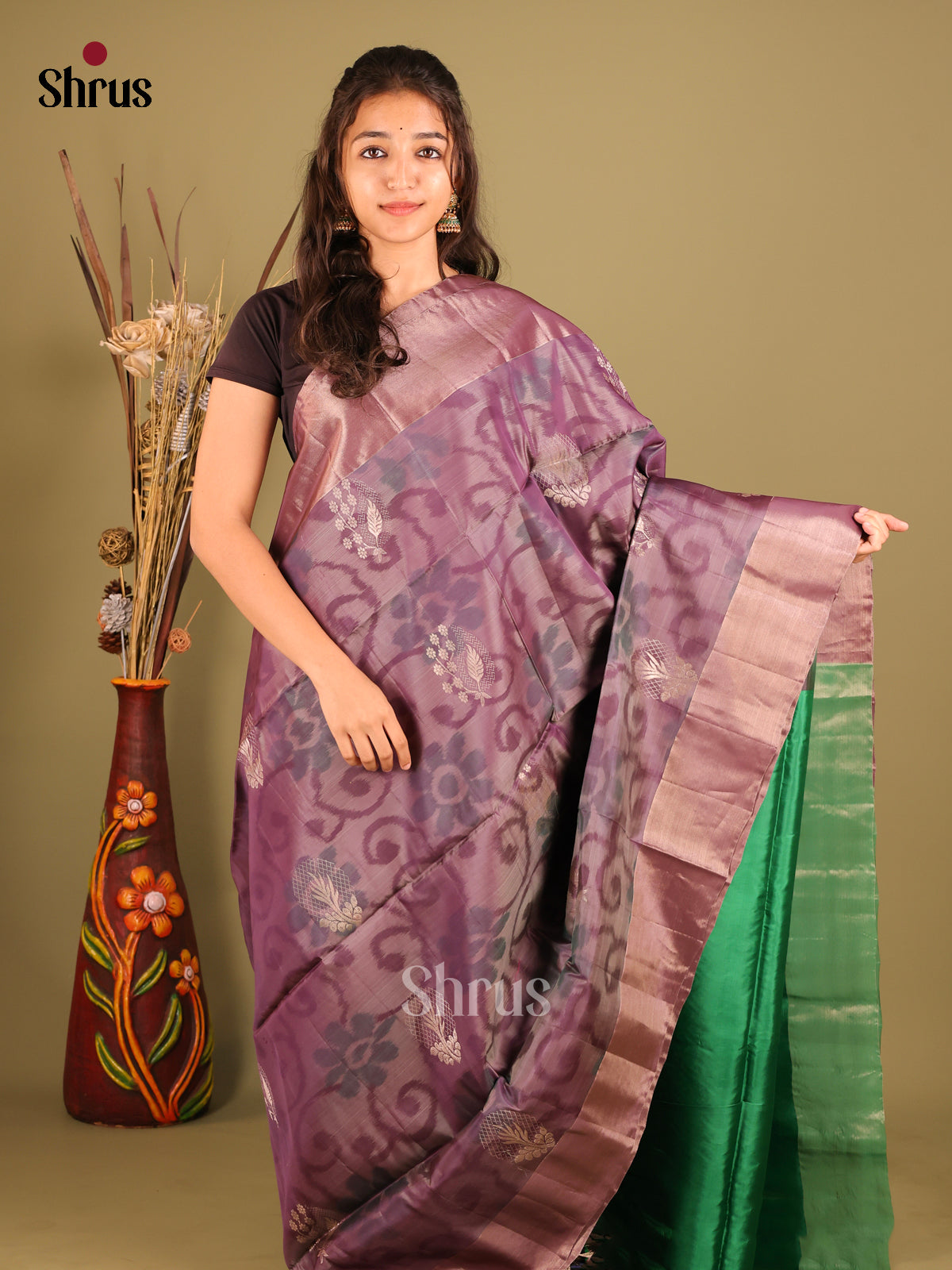Onion Peel & Green - Softsilk-halfpure Saree - Shop on Shrus.com