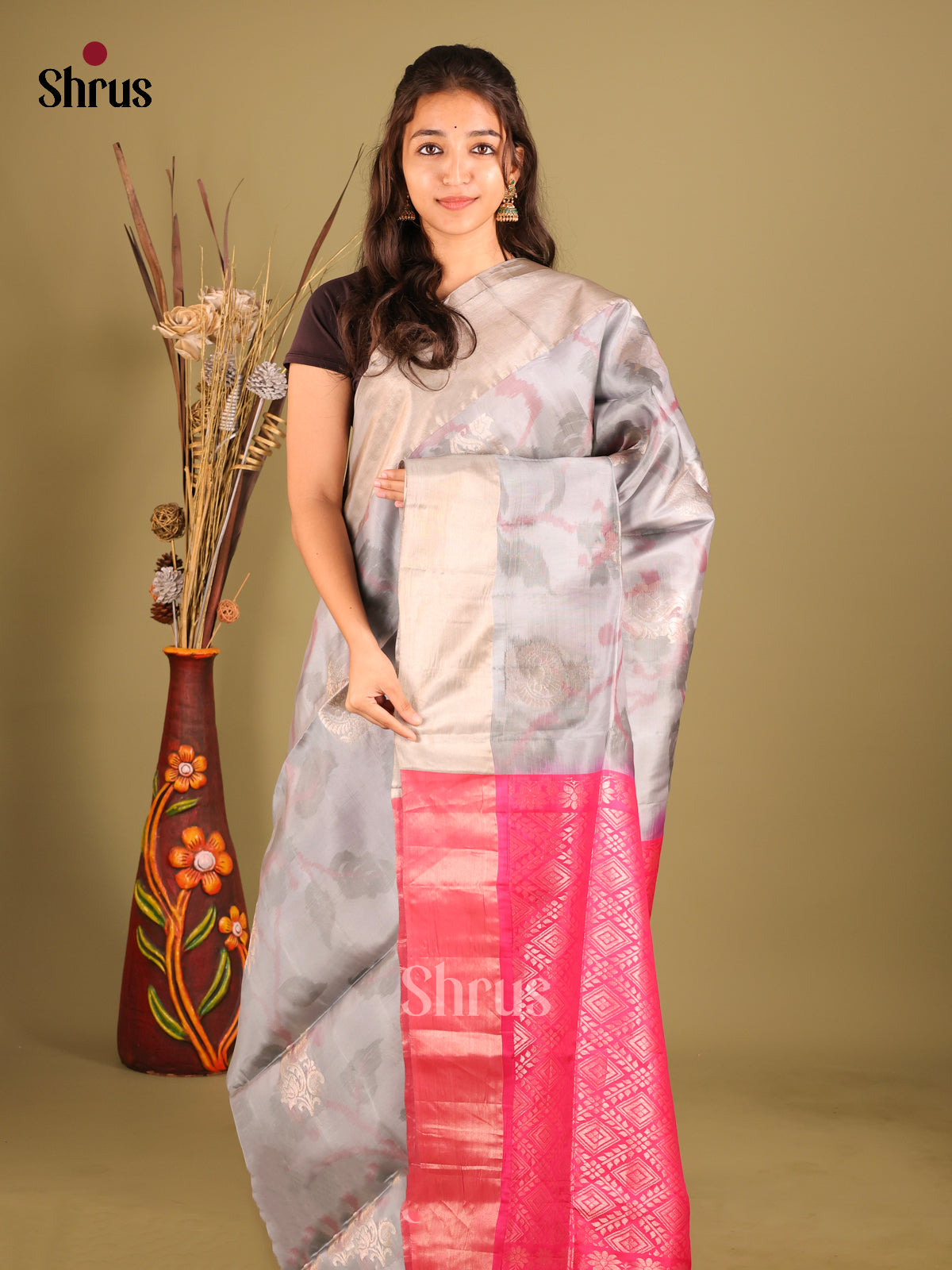 Grey & Pink - Softsilk-halfpure Saree - Shop on Shrus.com