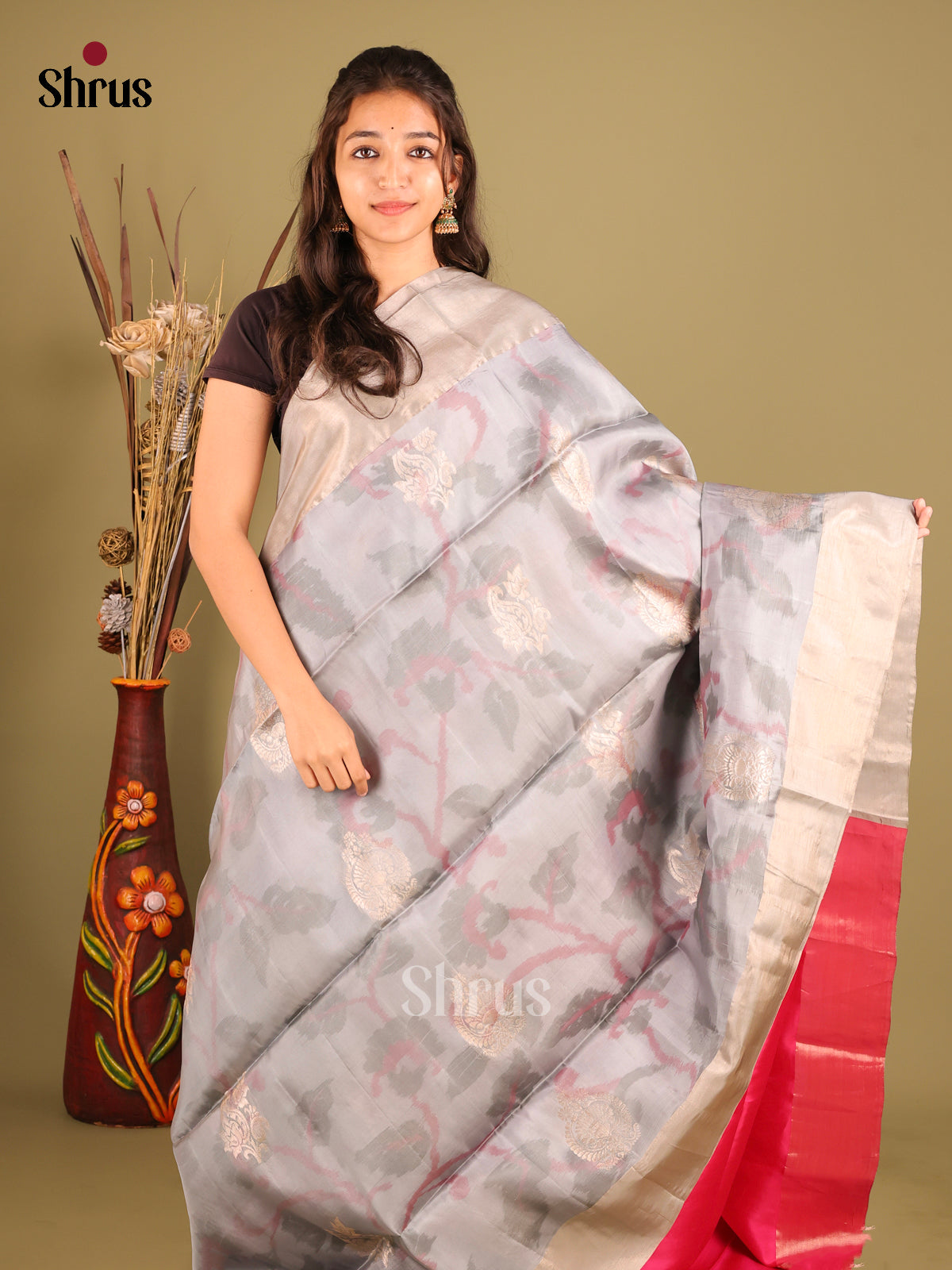 Grey & Pink - Softsilk-halfpure Saree - Shop on Shrus.com