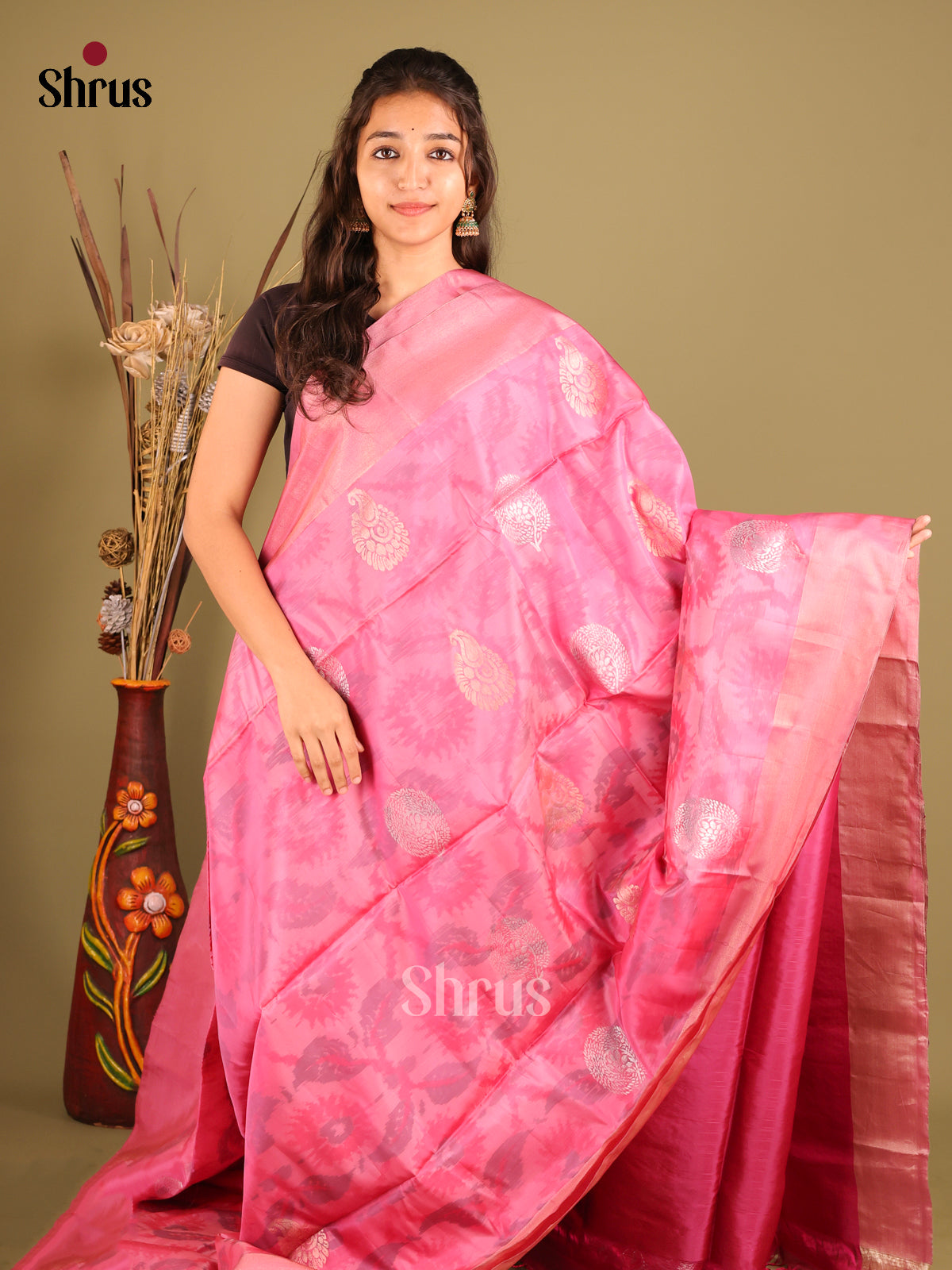 Pink - Softsilk-halfpure Saree - Shop on Shrus.com