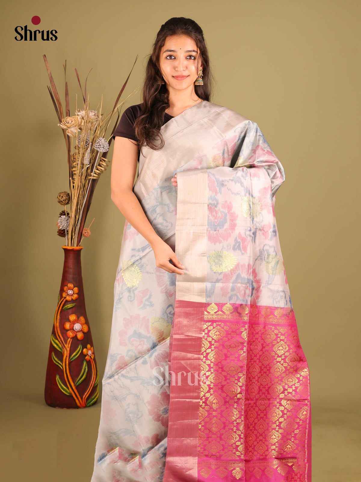 Cream & Pink - Softsilk-halfpure Saree - Shop on Shrus.com