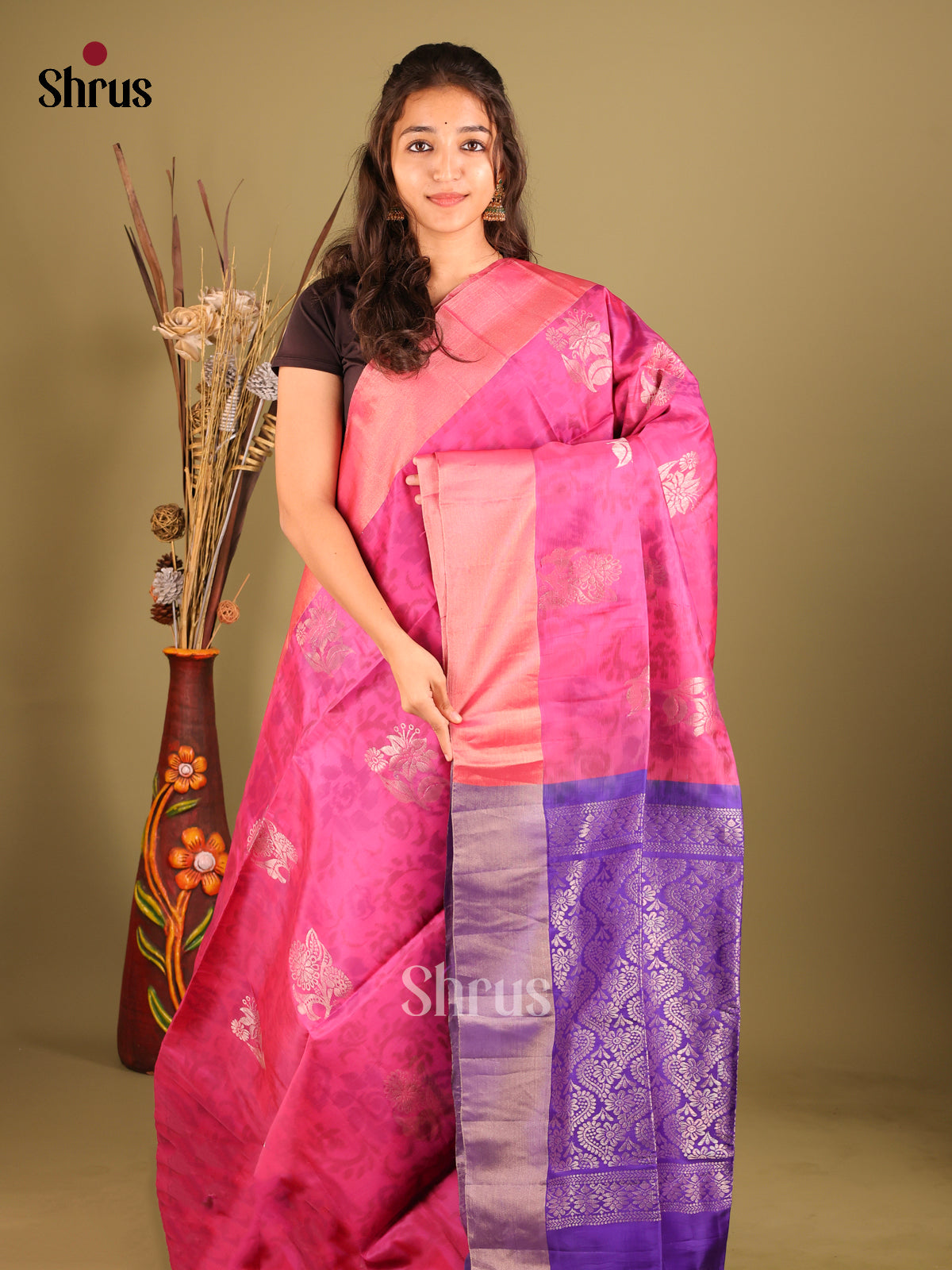 Pink & Blue - Softsilk-halfpure Saree - Shop on Shrus.com