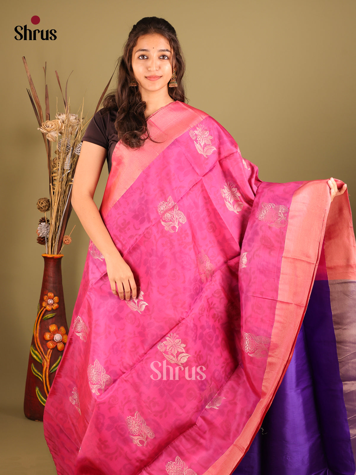Pink & Blue - Softsilk-halfpure Saree - Shop on Shrus.com