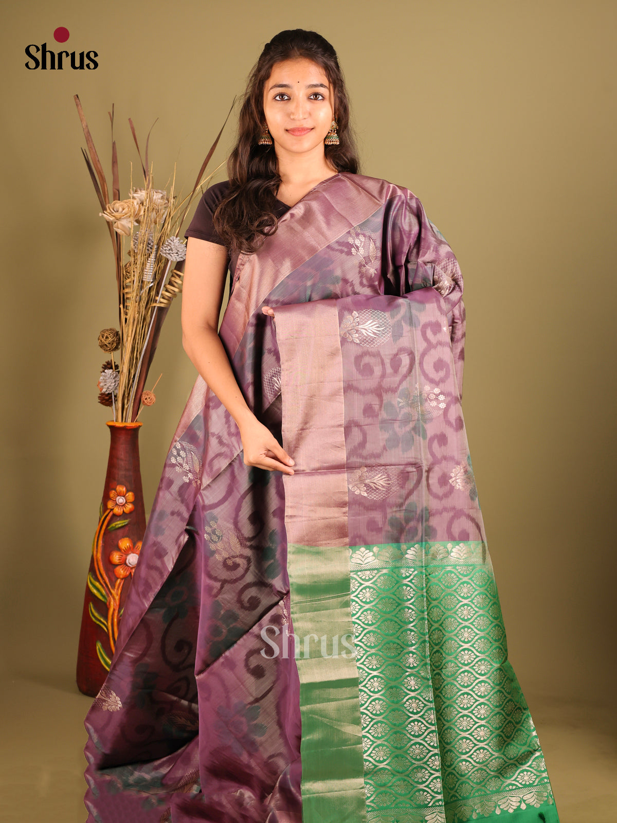 Dark Lavender & Green - Softsilk-halfpure Saree - Shop on Shrus.com