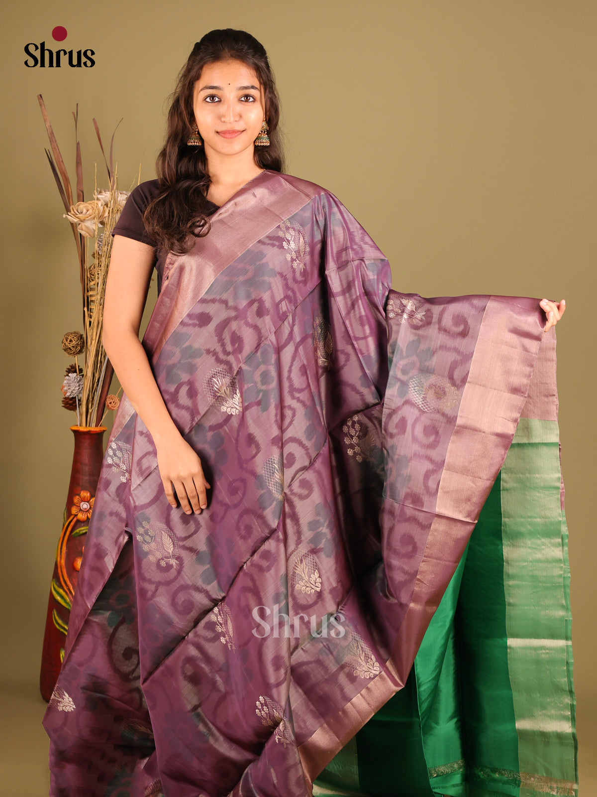 Dark Lavender & Green - Softsilk-halfpure Saree - Shop on Shrus.com
