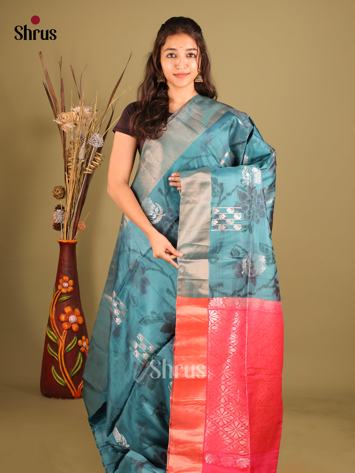 Blue & Orangish Pink - Softsilk-halfpure Saree