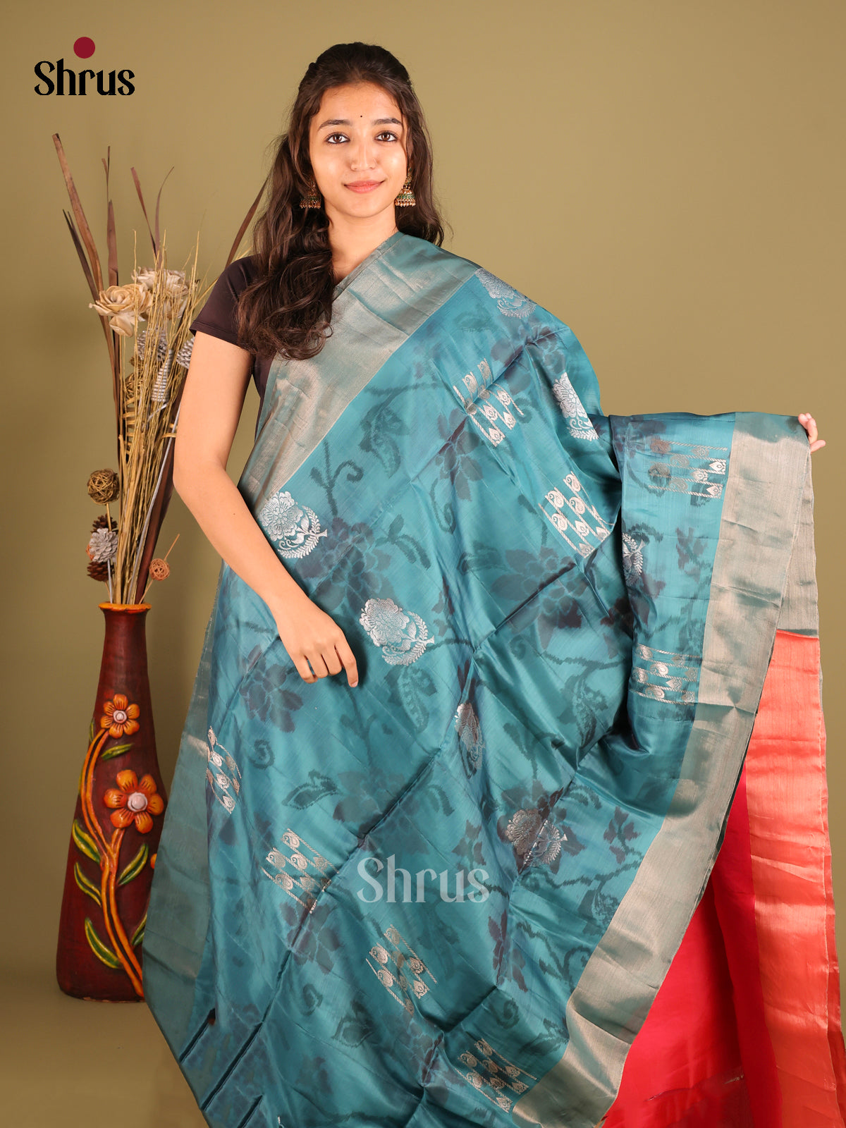 Blue & Orangish Pink - Softsilk-halfpure Saree