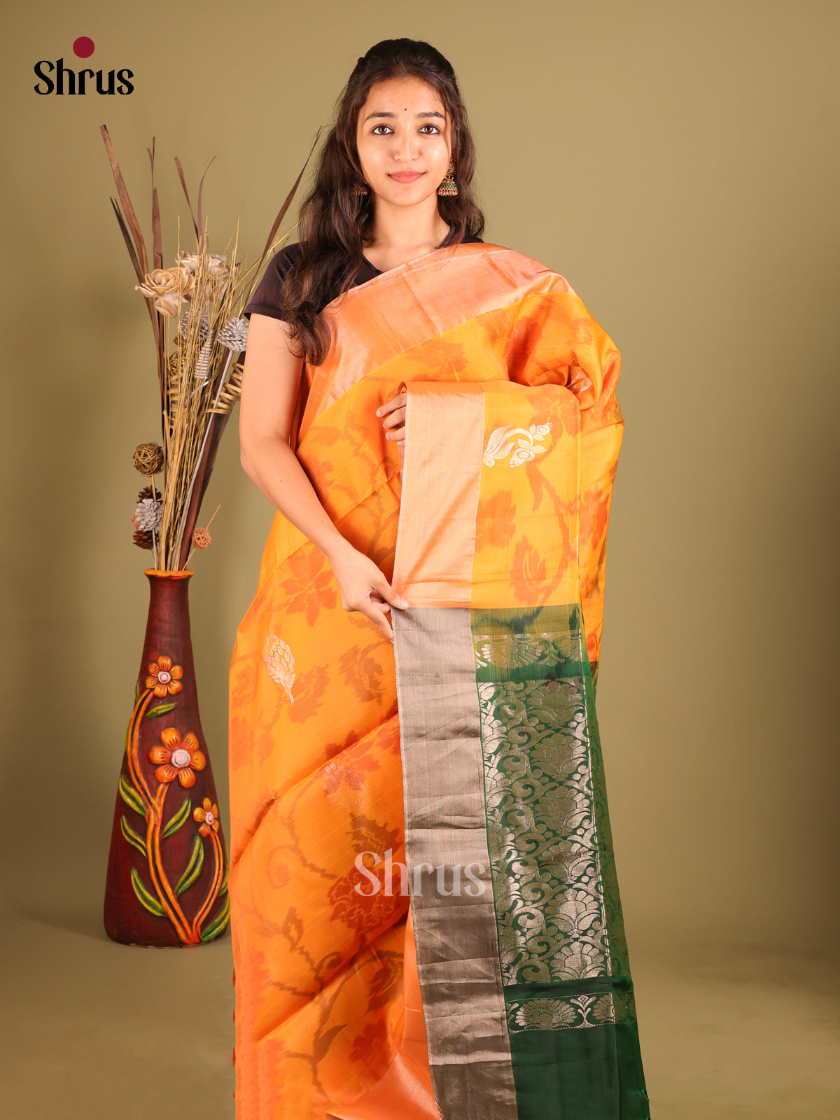 Orange & Dark Green - Softsilk-halfpure Saree - Shop on Shrus.com