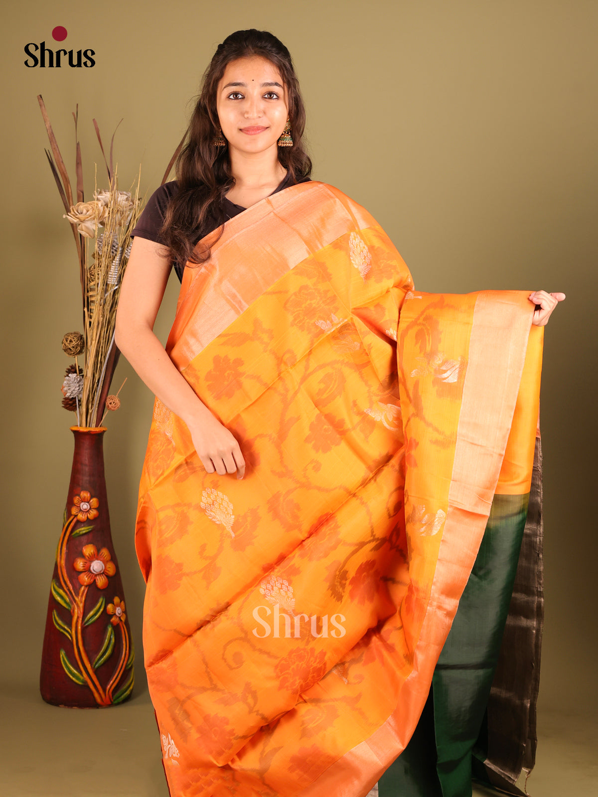 Orange & Dark Green - Softsilk-halfpure Saree - Shop on Shrus.com