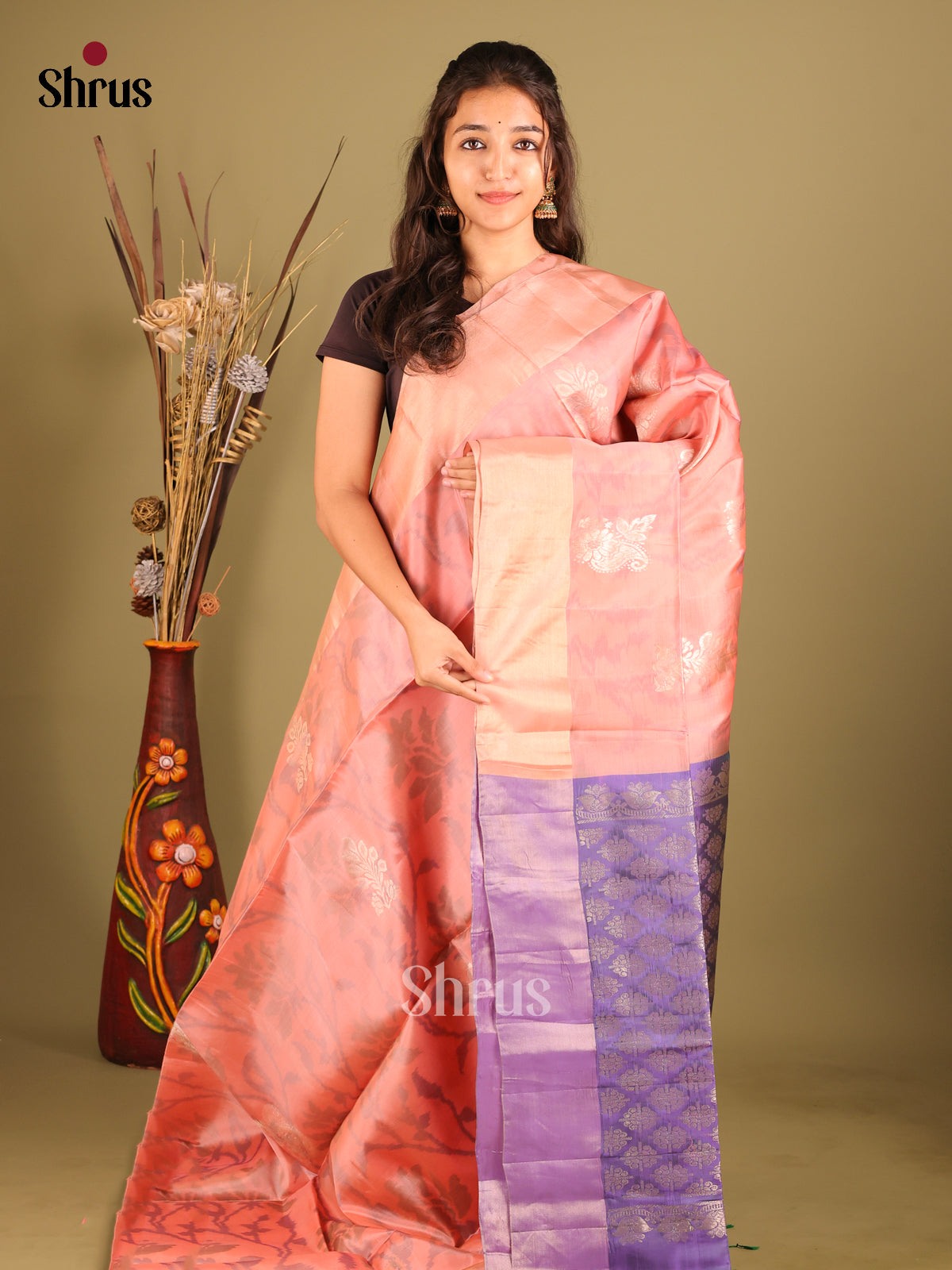 Dusty Pink & Violet- Softsilk-halfpure Saree - Shop on Shrus.com