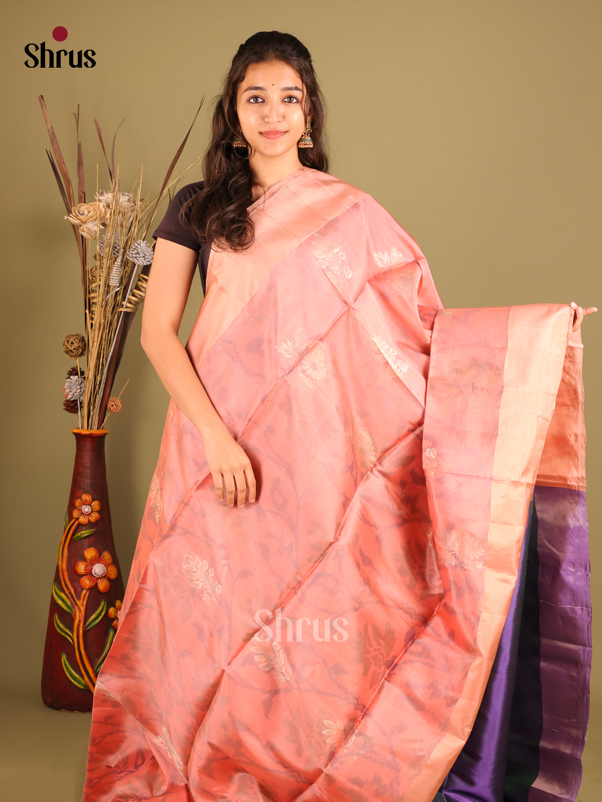 Dusty Pink & Violet- Softsilk-halfpure Saree - Shop on Shrus.com