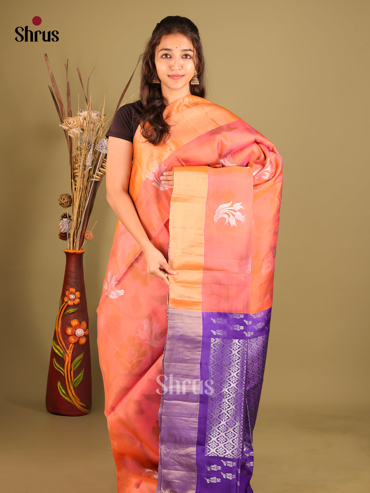 Orange & Violet- Softsilk-halfpure Saree