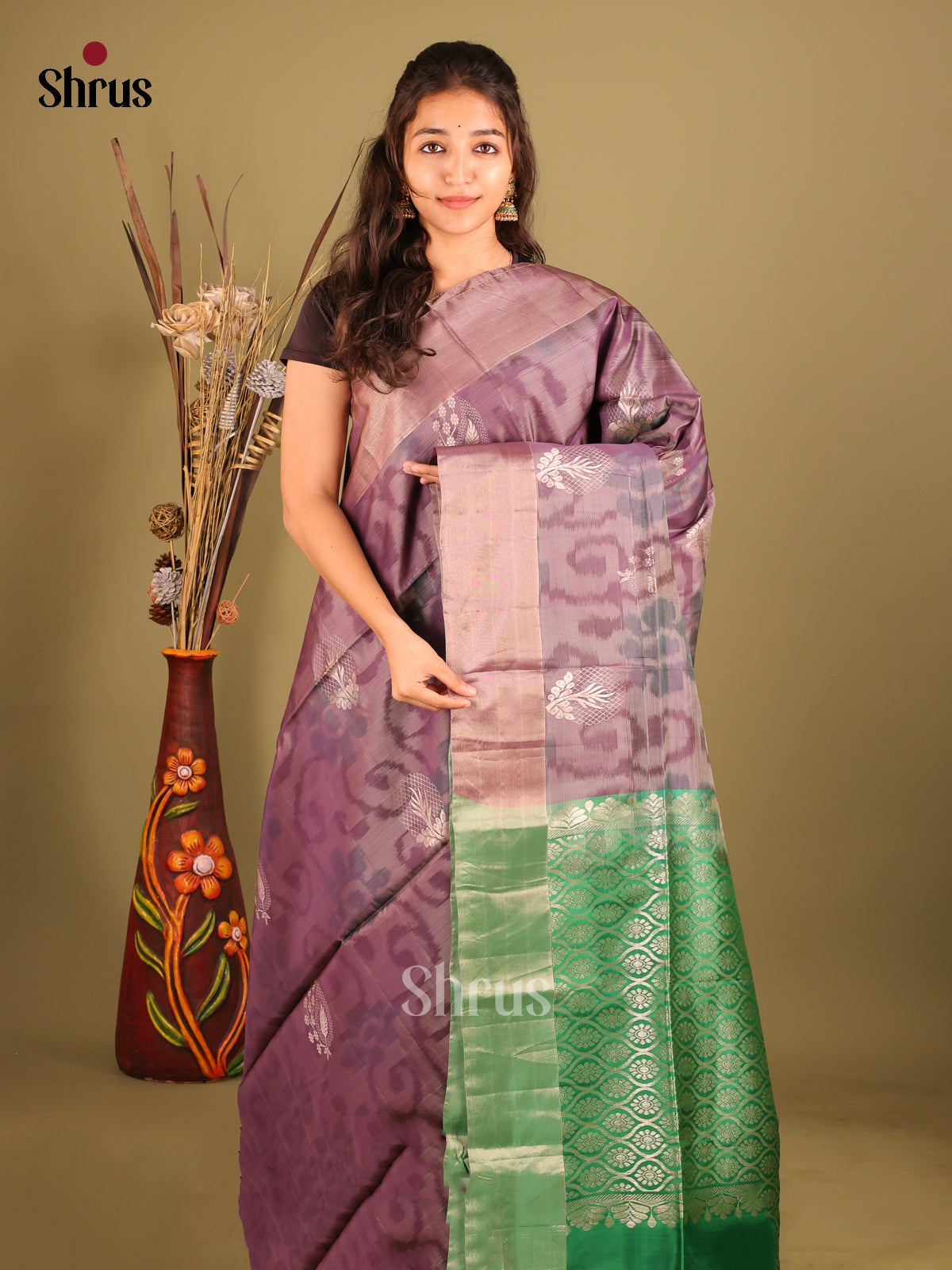Dark Lavender & Green - Softsilk-halfpure Saree