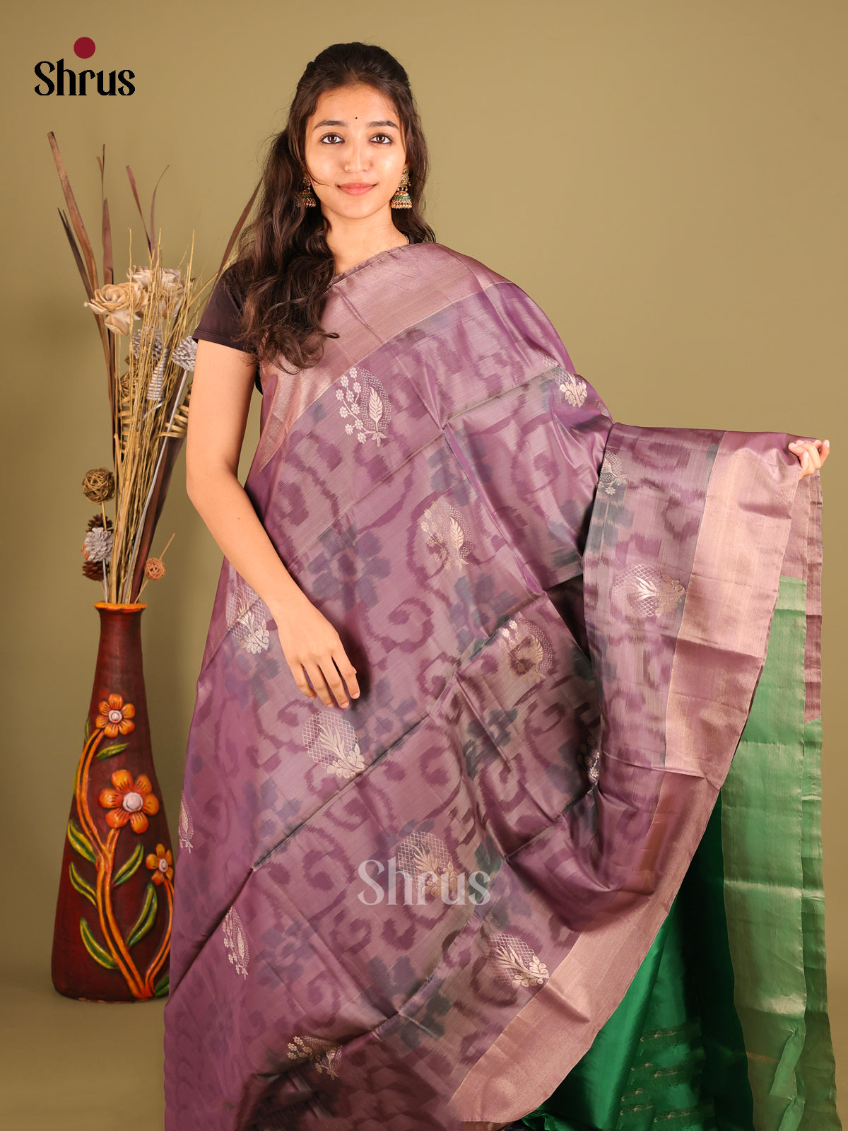 Dark Lavender & Green - Softsilk-halfpure Saree 1