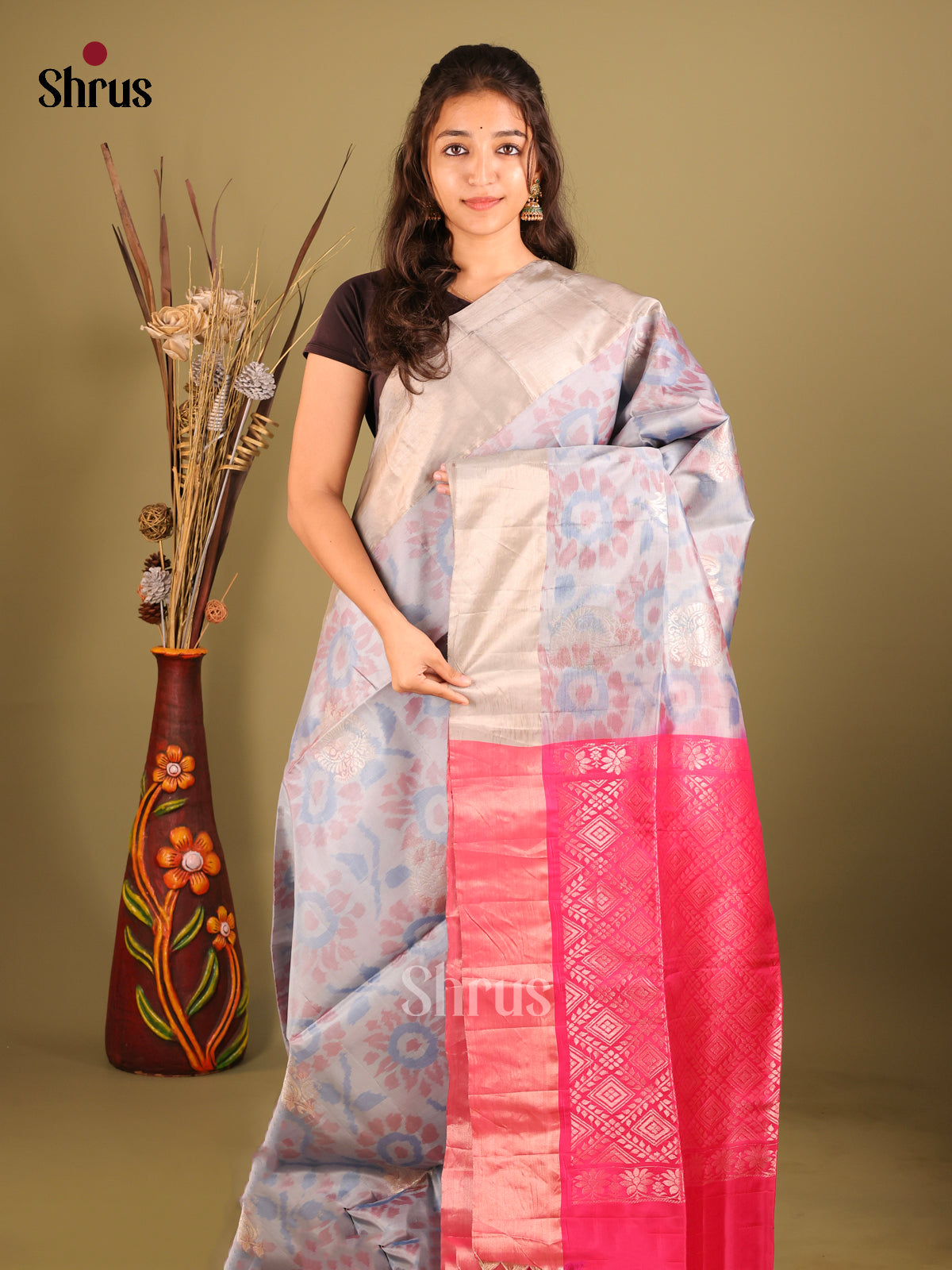 Grey & Pink - Softsilk-halfpure Saree - Shop on Shrus.com