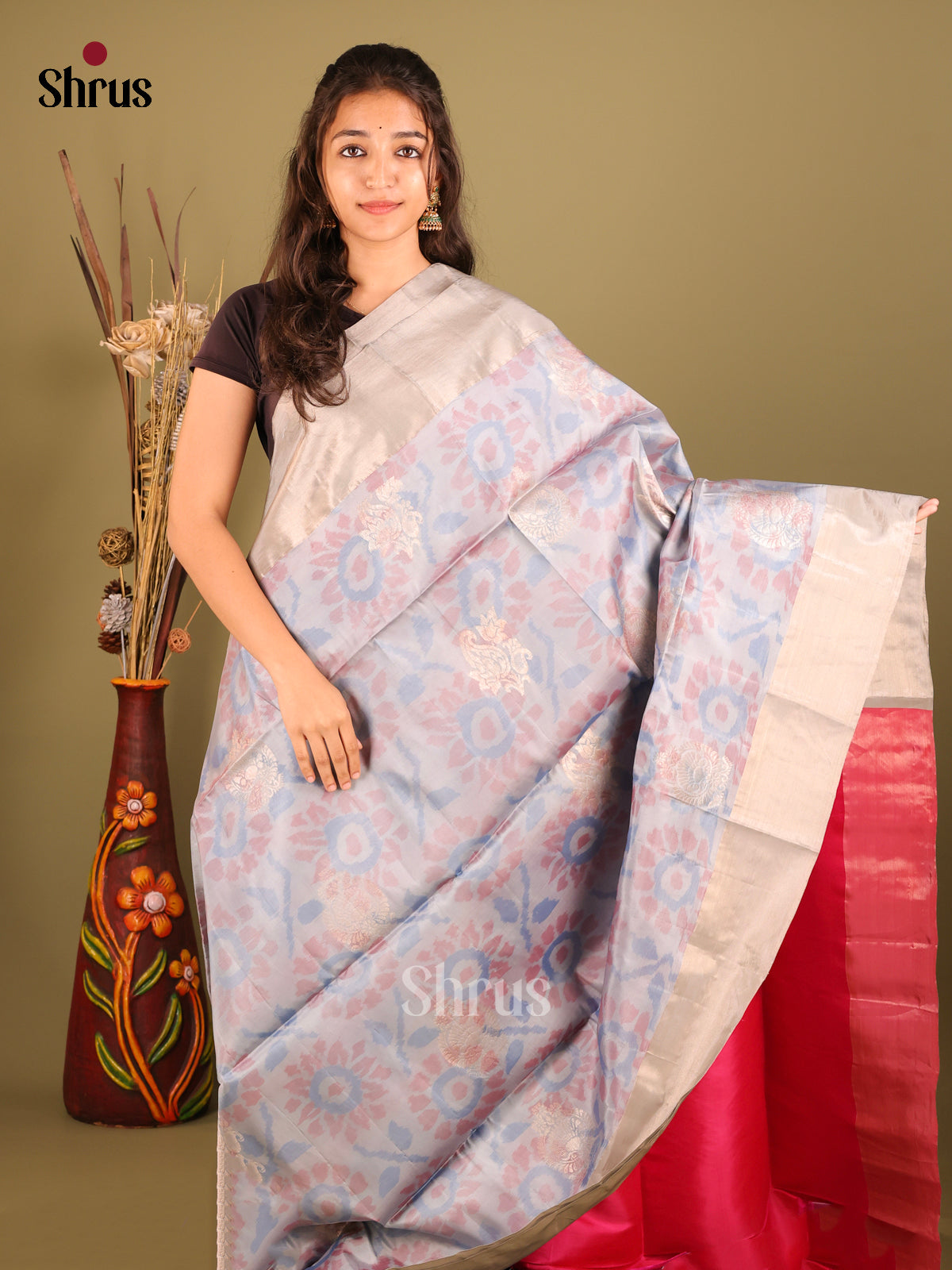 Grey & Pink - Softsilk-halfpure Saree - Shop on Shrus.com