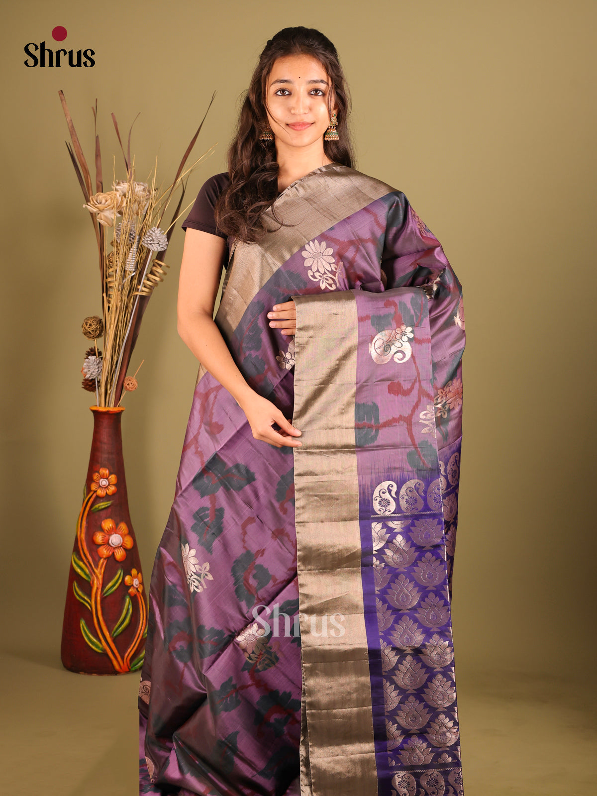 Dark Purple & Blue - Softsilk-halfpure Saree - Shop on Shrus.com