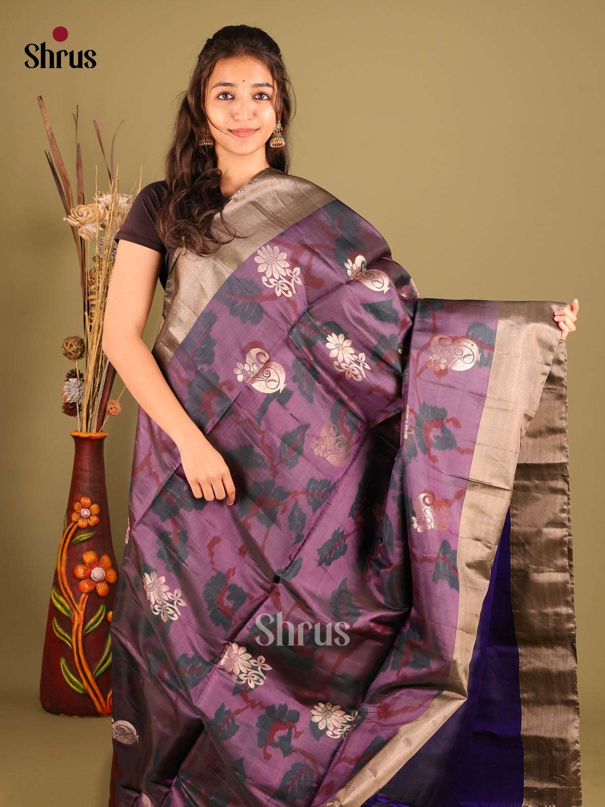 Dark Purple & Blue - Softsilk-halfpure Saree - Shop on Shrus.com