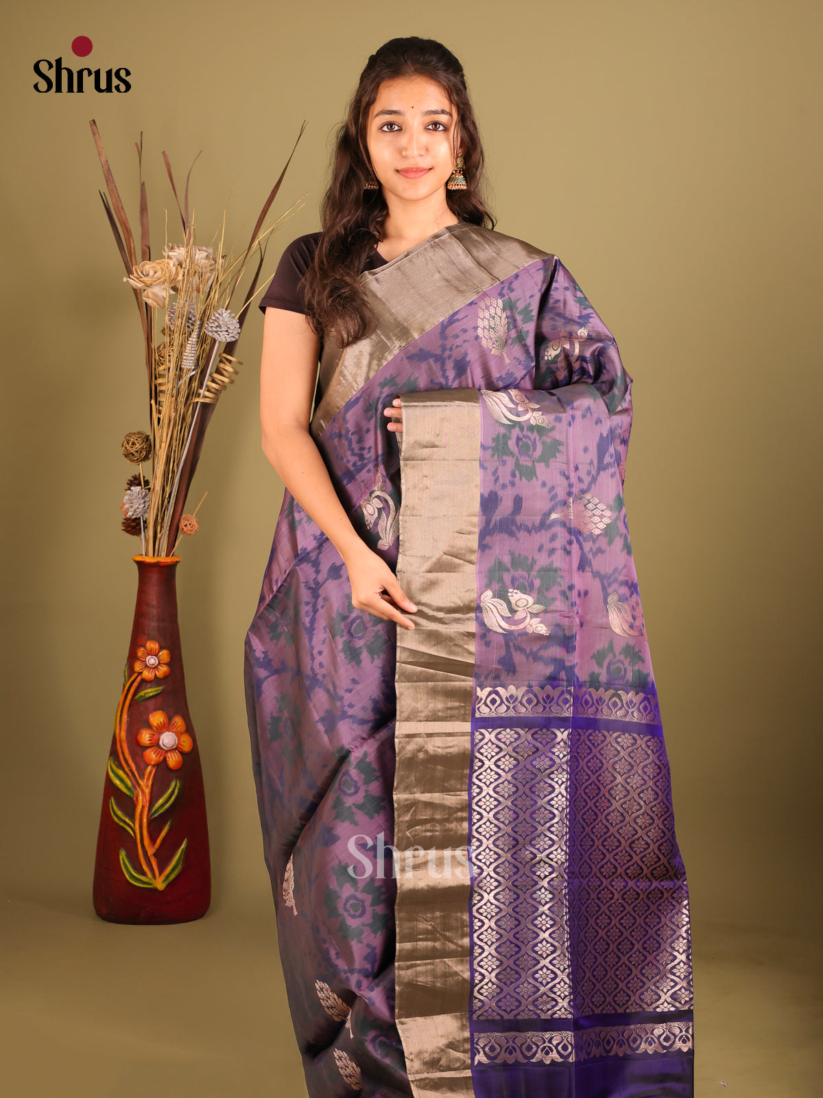 Dark Purple & Blue - Softsilk-halfpure Saree - Shop on Shrus.com