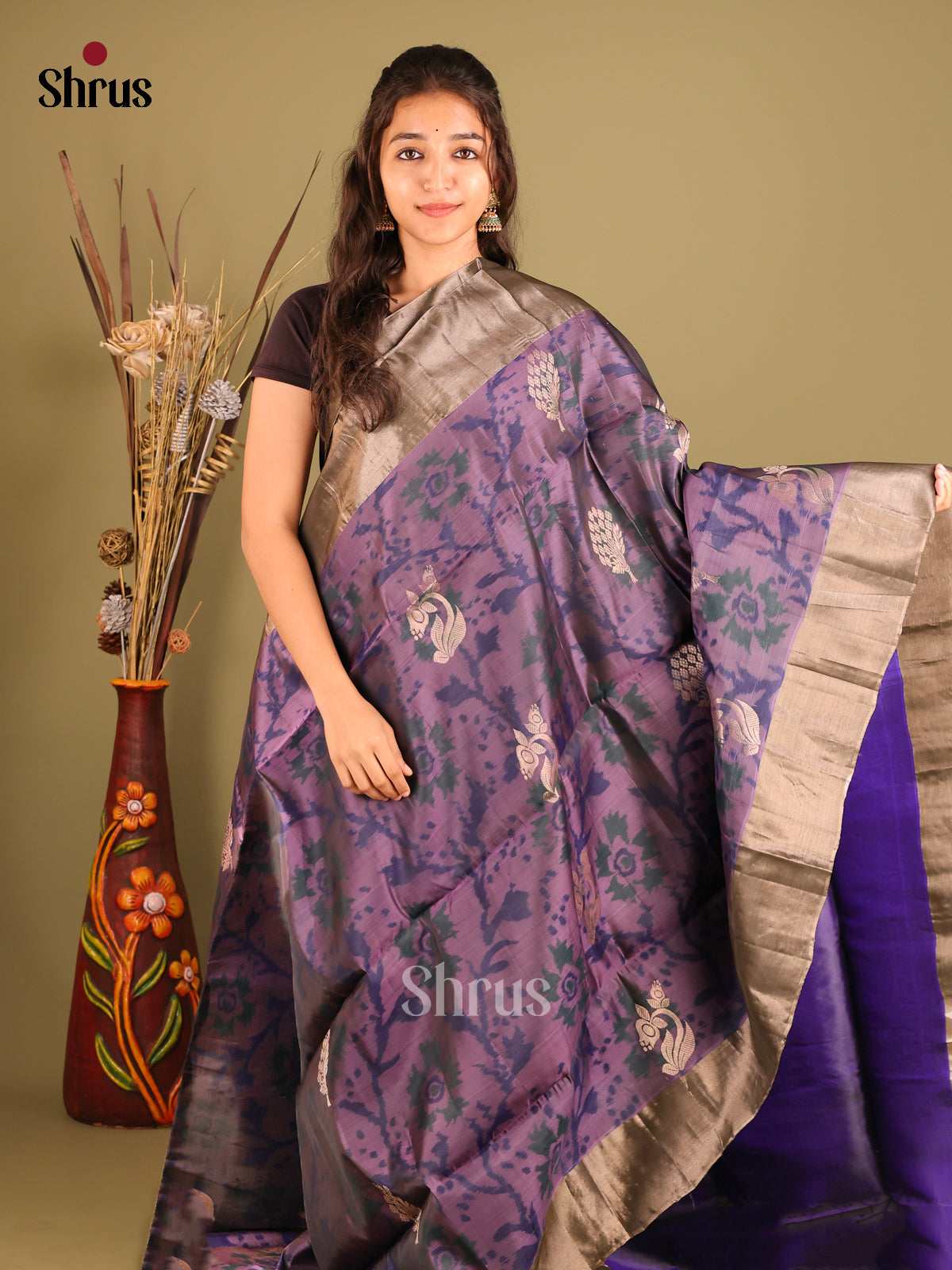 Dark Purple & Blue - Softsilk-halfpure Saree - Shop on Shrus.com