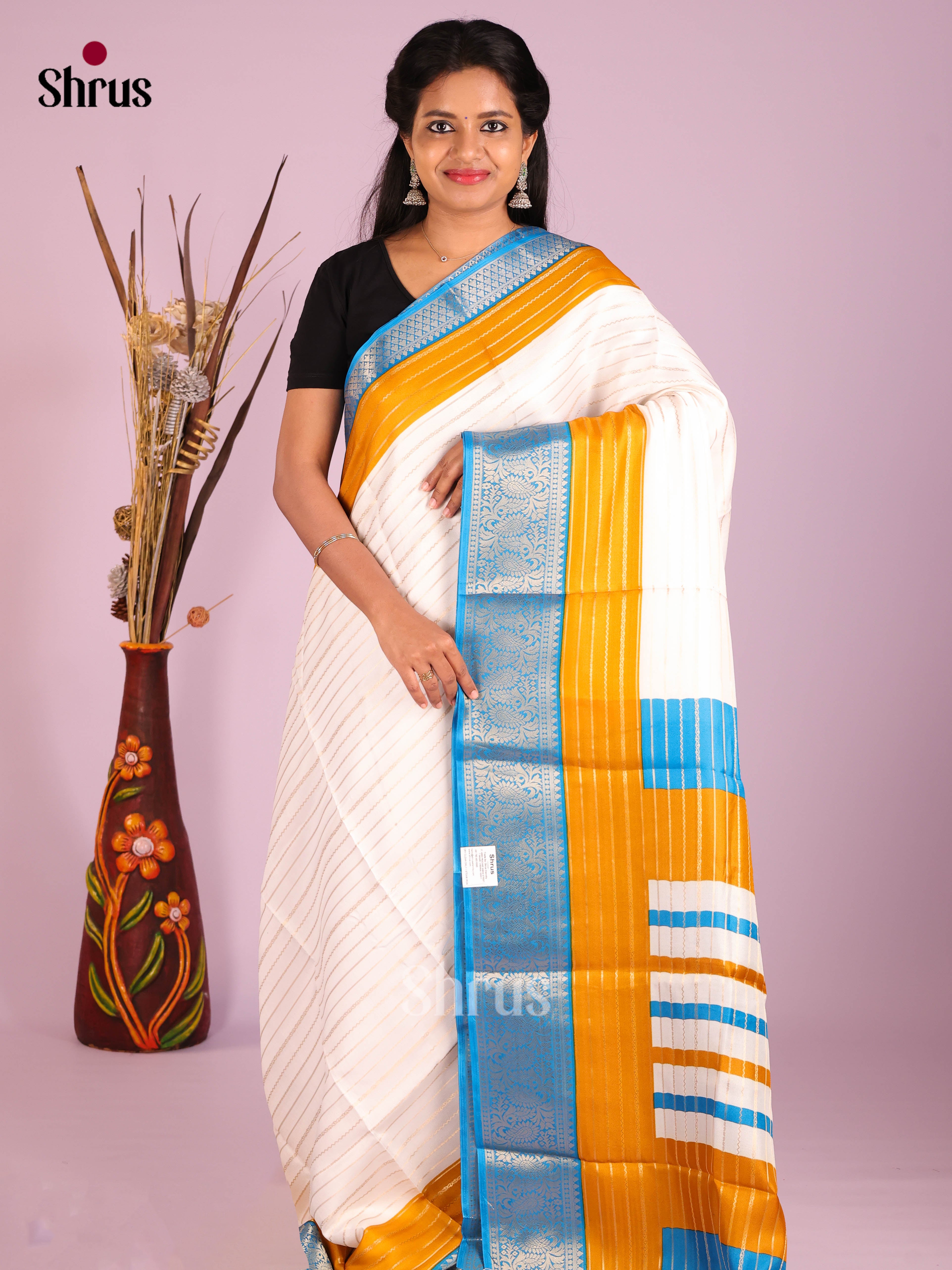 Cream & Blue- Semi Mysoresilk Saree