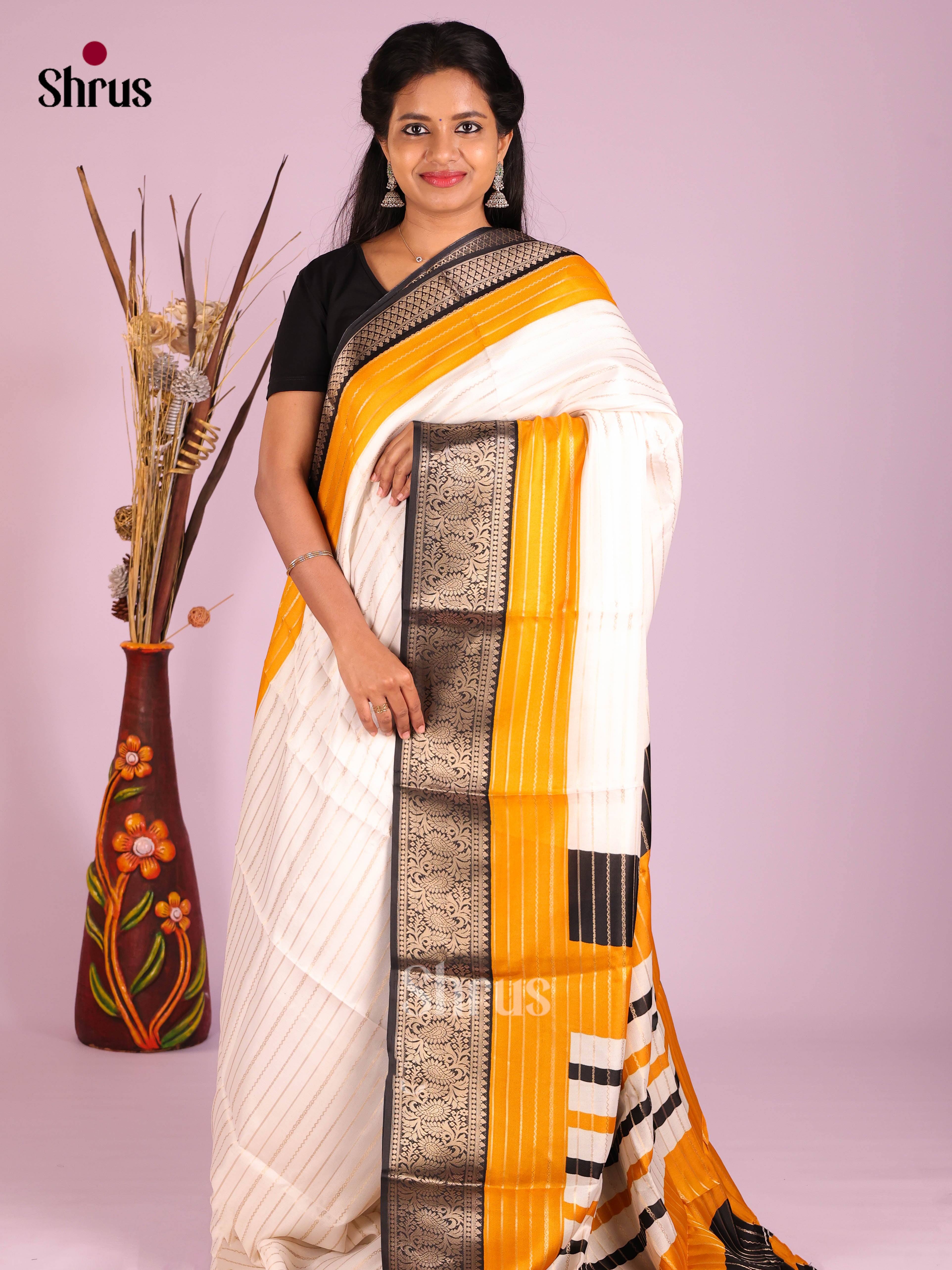 Cream & Black- Semi Mysoresilk Saree