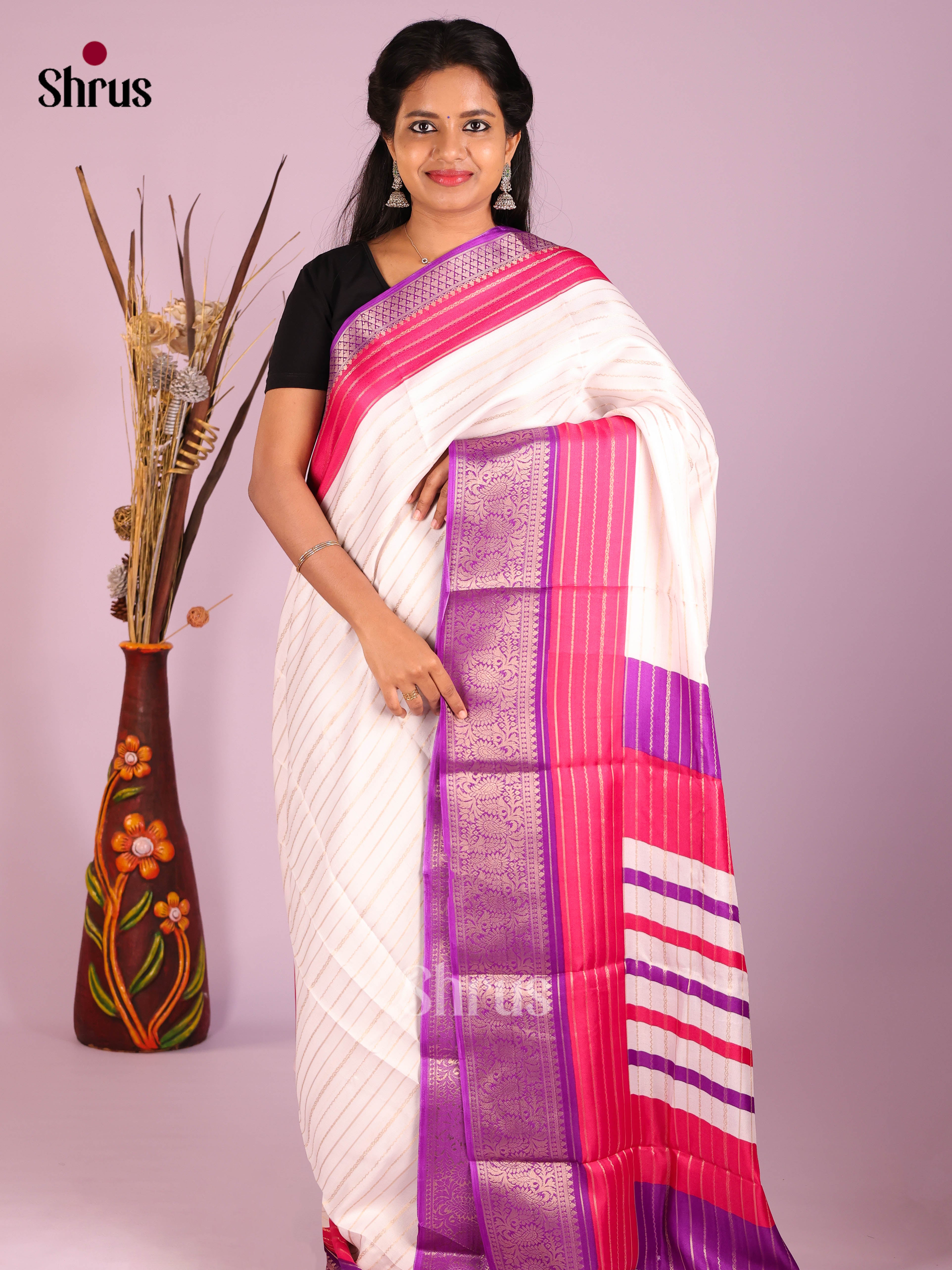 Cream & Purple - Semi Mysoresilk Saree