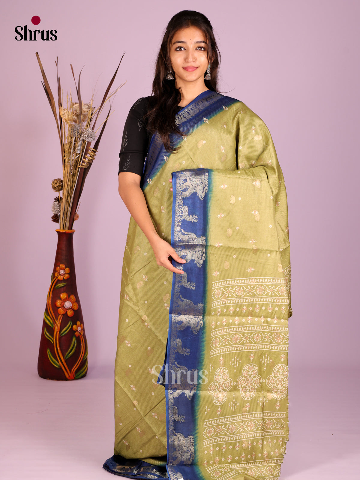 Light Green & Blue - Semi Crepe Saree - Shop on Shrus.com