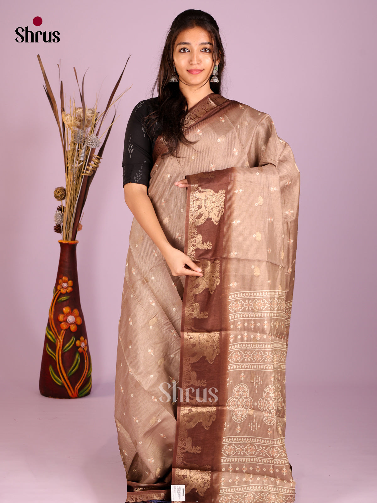 Beige & Brown - Semi Crepe Saree - Shop on Shrus.com