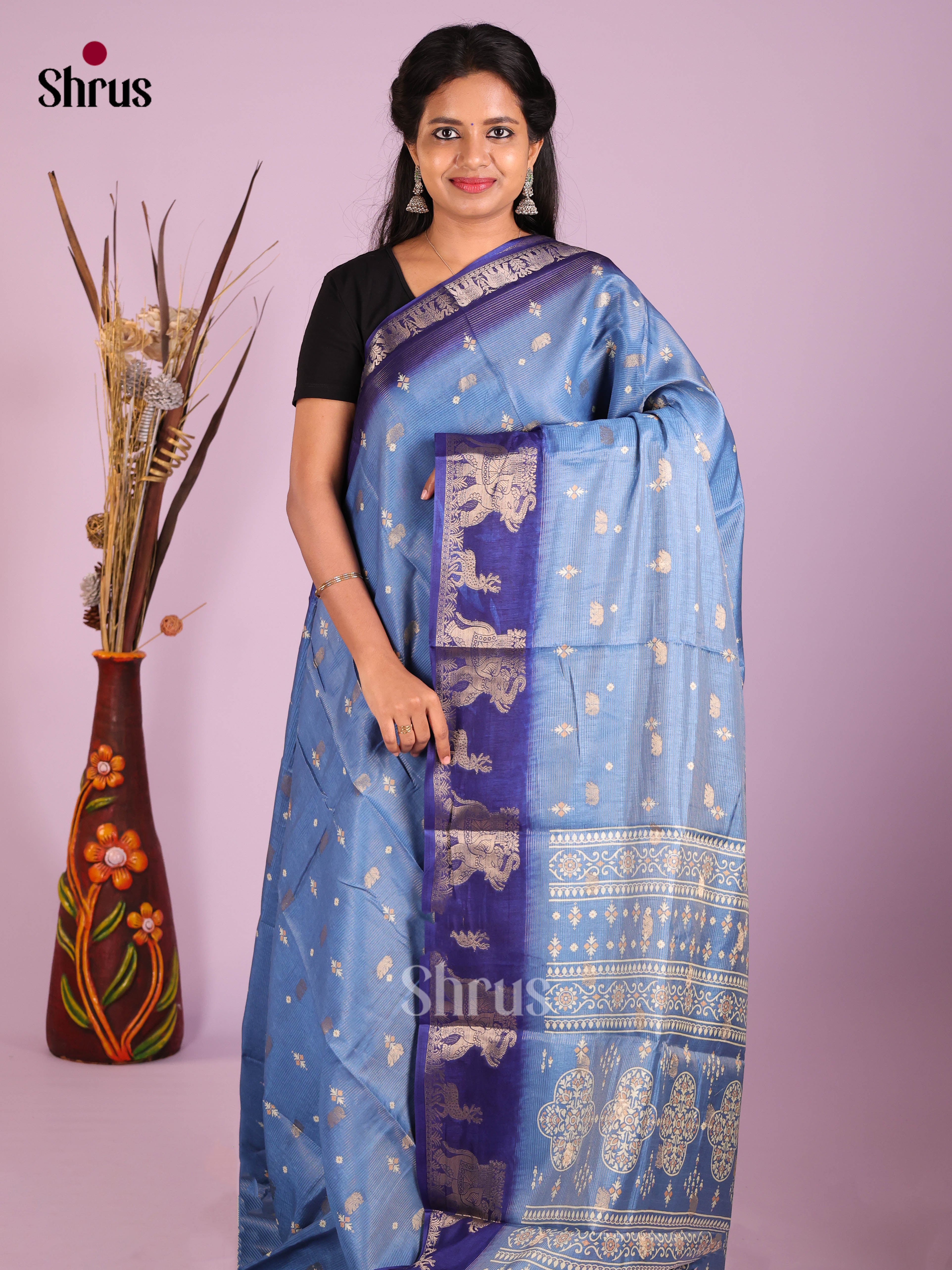 Light Blue & Blue- Semi Crepe Saree