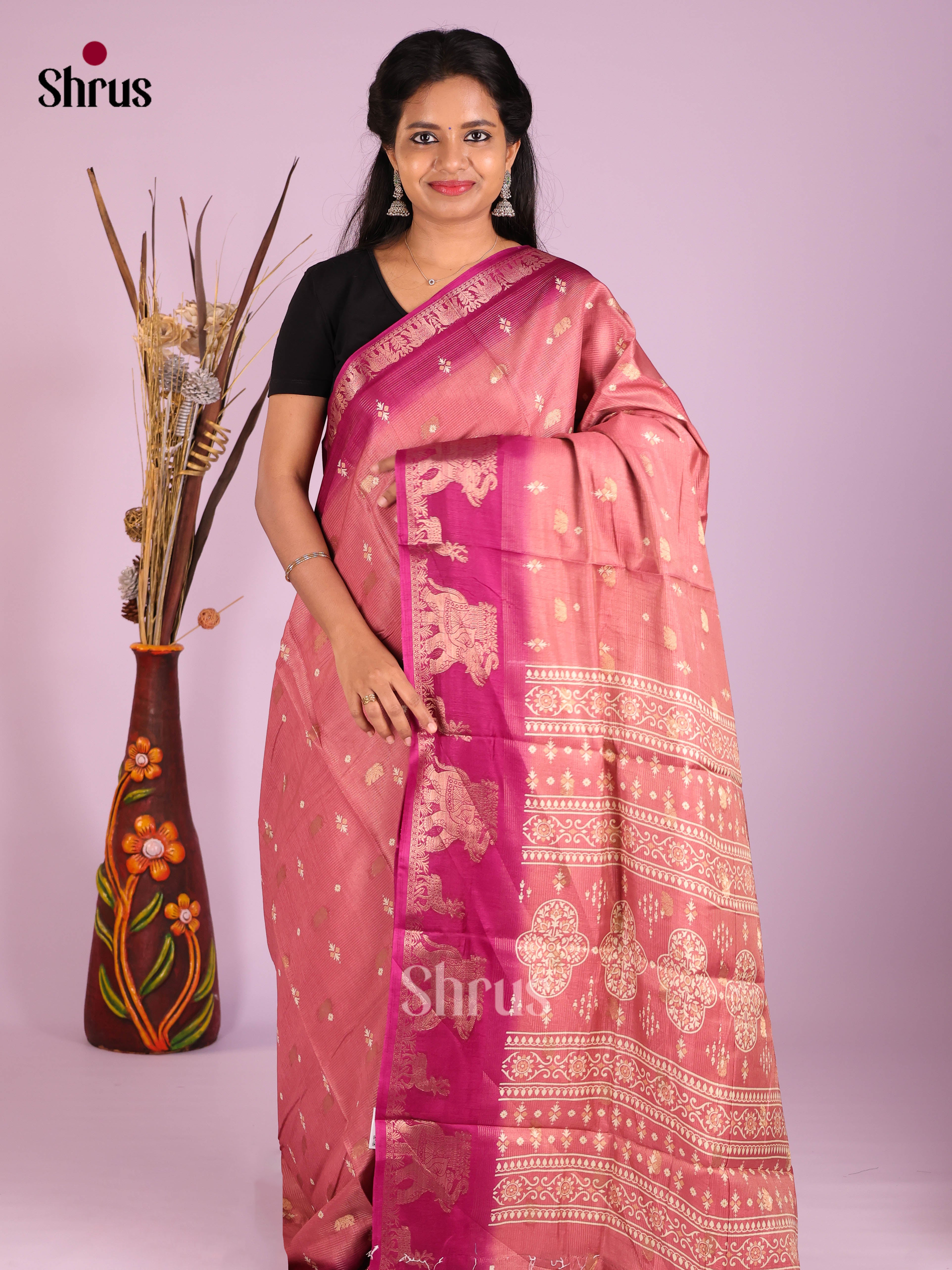 Peachish Pink & Purple - Semi Crepe Saree - Shop on Shrus.com