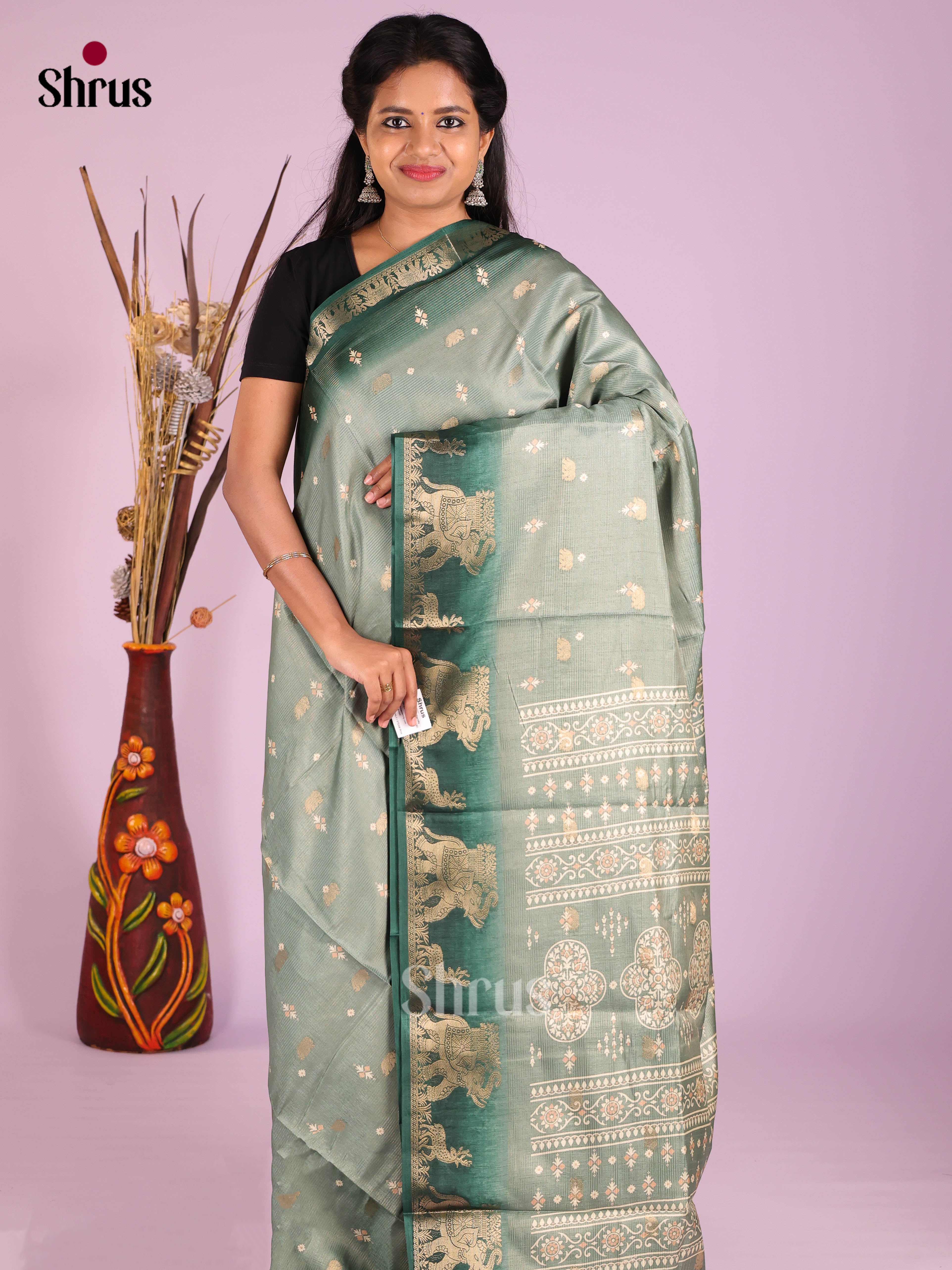 Grey & green - Semi Crepe Saree - Shop on Shrus.com