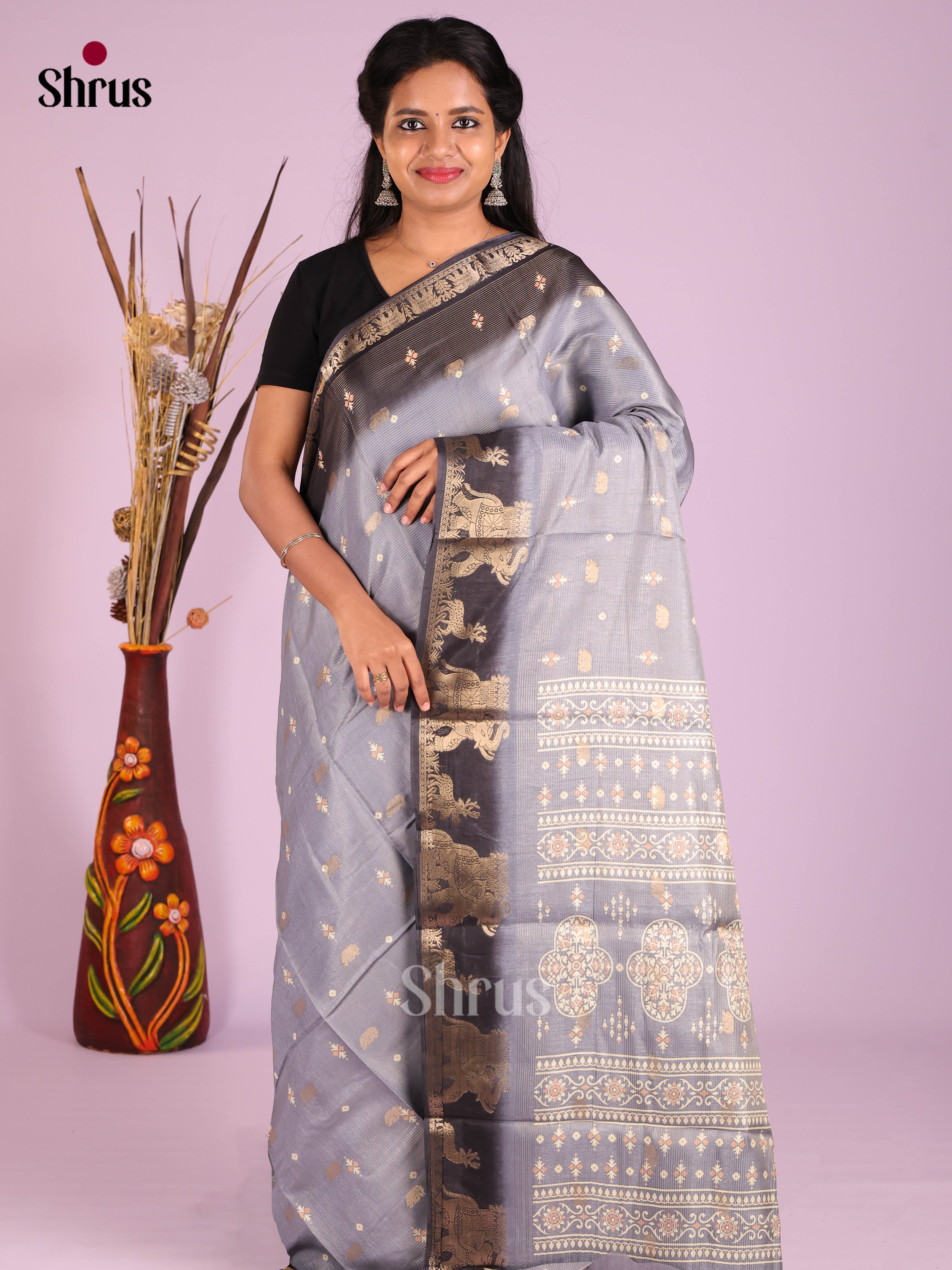 Grey & Black- Semi Crepe Saree